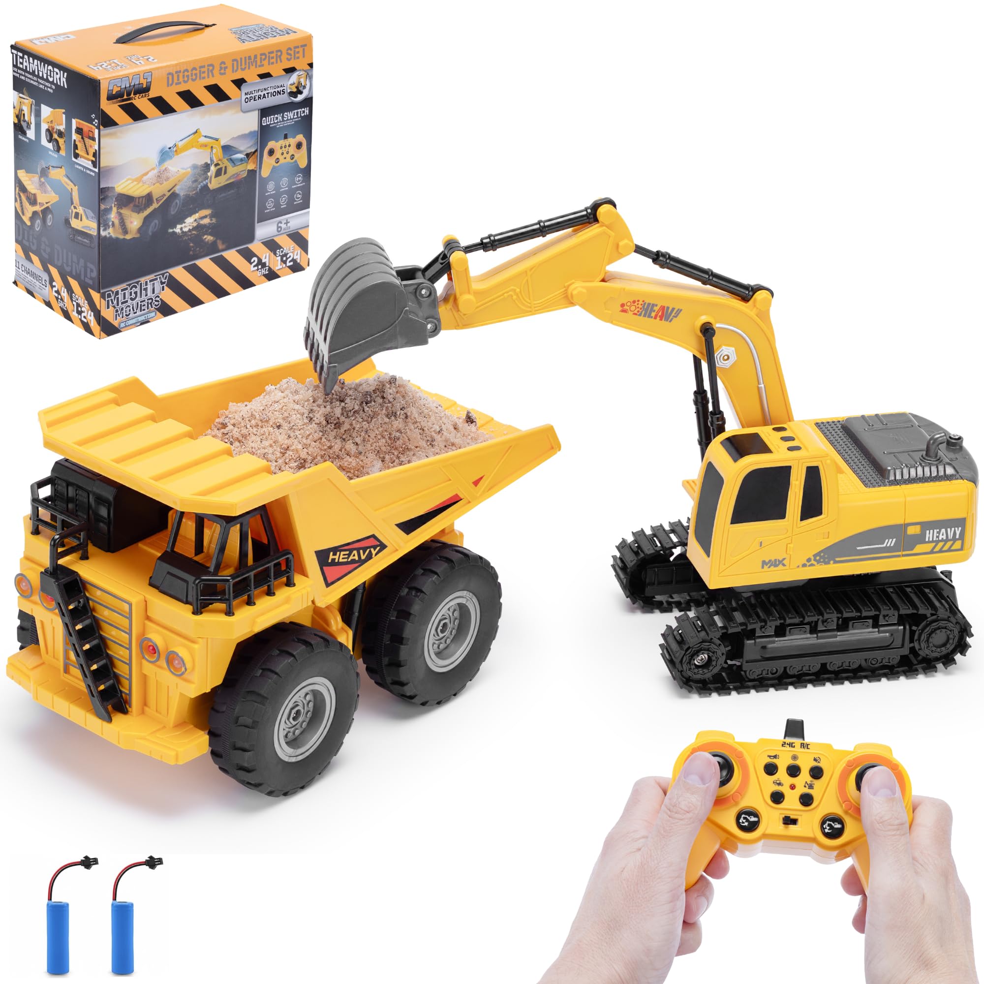 CMJ RC Cars Digger + Dumper RC Set - Twin Pack Excavator & Dump Truck | 1:24 Scale