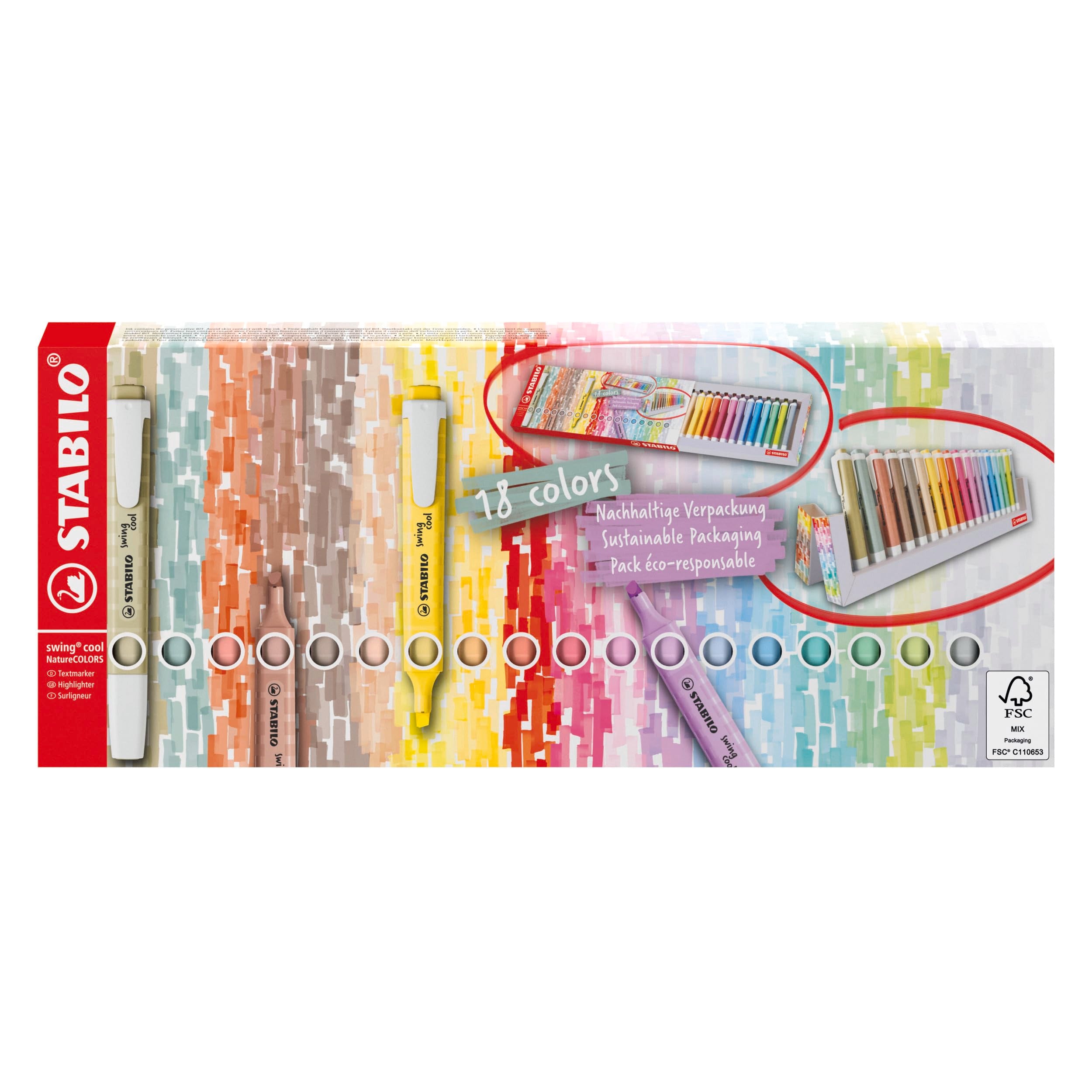 STABILO swing cool NatureCOLORS Highlighter Deskset - Pack of 18 with Chisel Tip and Anti-Dry-Out Technology