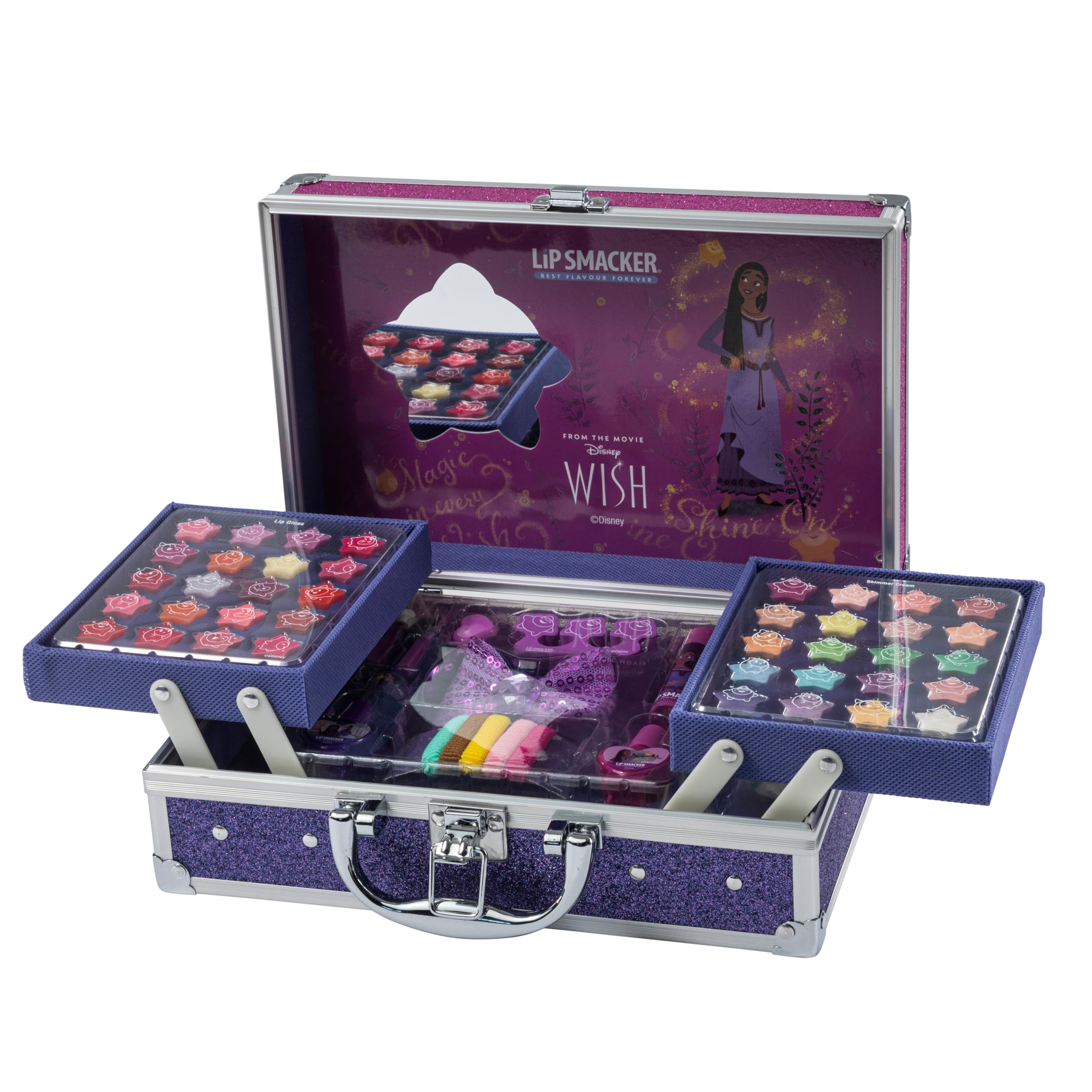 Lip Smacker Disney Wish Makeup Traincase for Kids, Multicolor Plastic Cosmetic Case with 20 Lip Glosses, 20 Eyeshadows, 2 Nail Polishes & Accessories 6