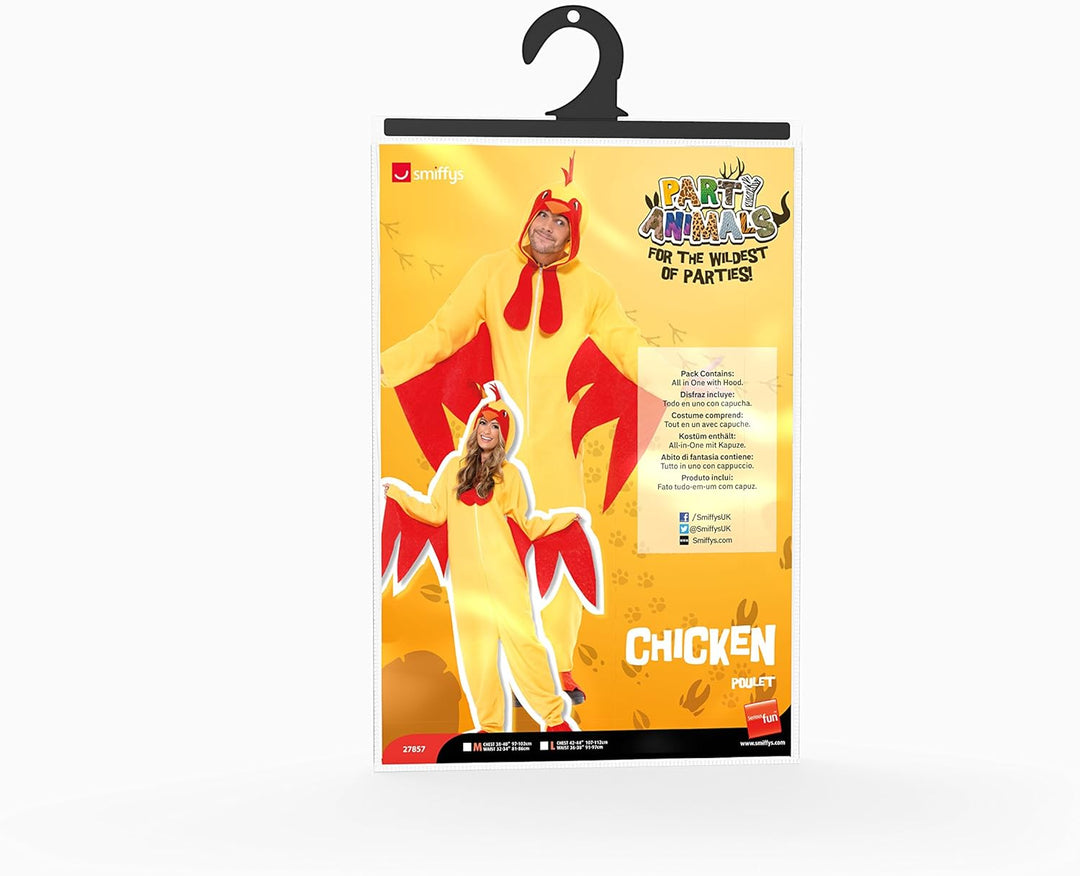 Smiffys Chicken Costume - Adult Men's Hooded All-in-One Fancy Dress Jumpsuit, Size L, Model 27857M