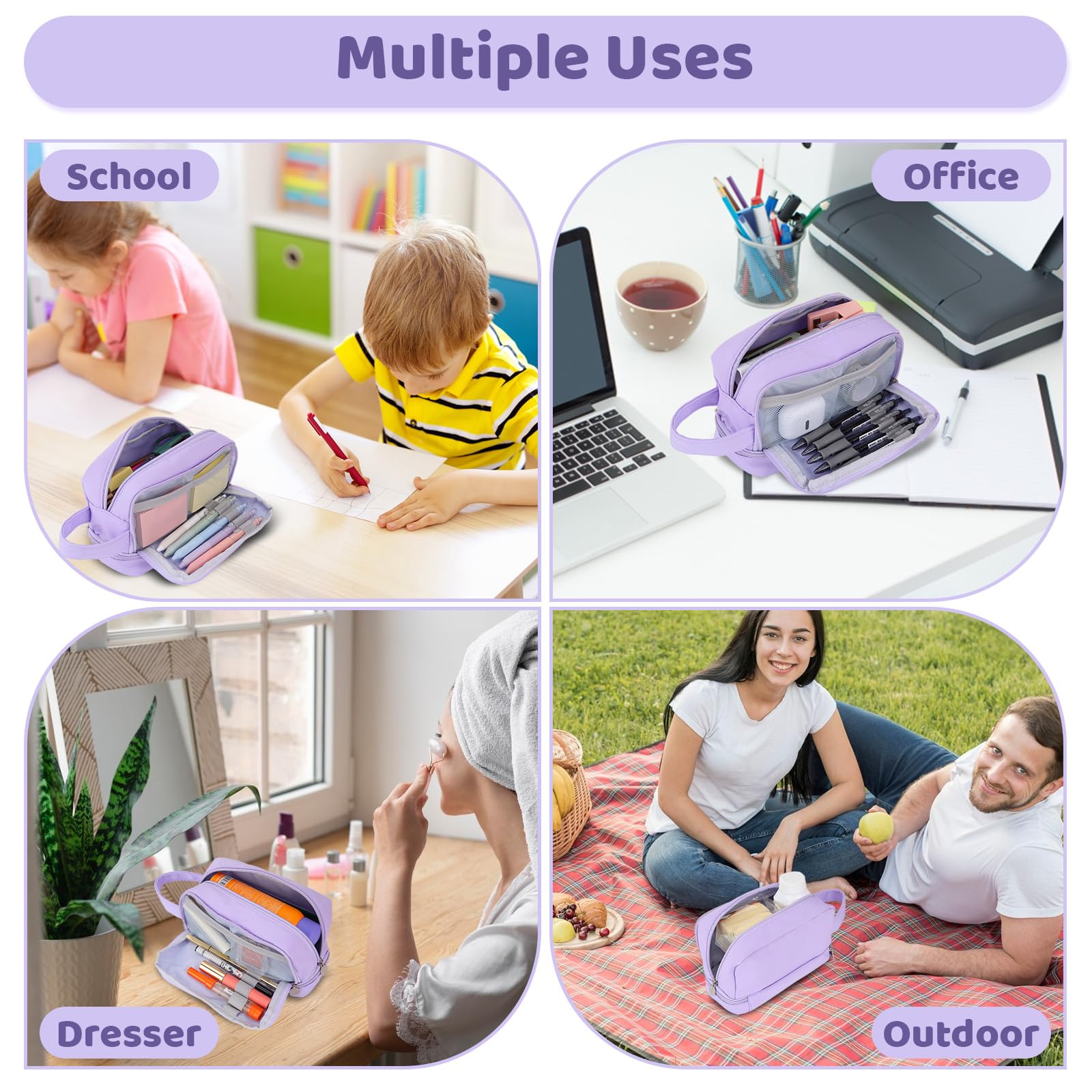 Alyvisun Large Capacity Pencil Case with 3 Compartments | Canvas Material | Purple 6