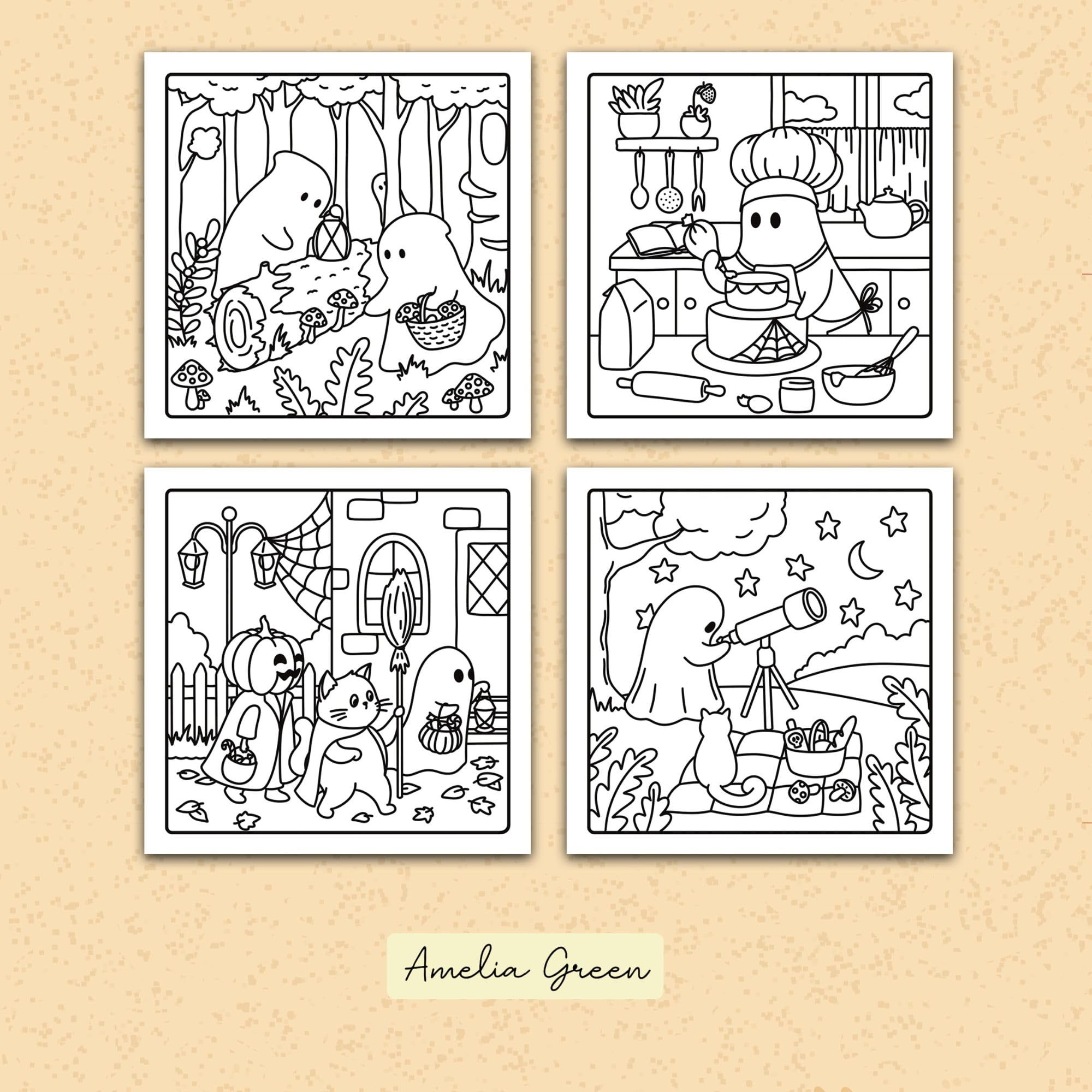 Amelia Green Spooky Cozy Coloring Book - 45 Pages | Adults & Teens | 8.5 x 8.5 Inches