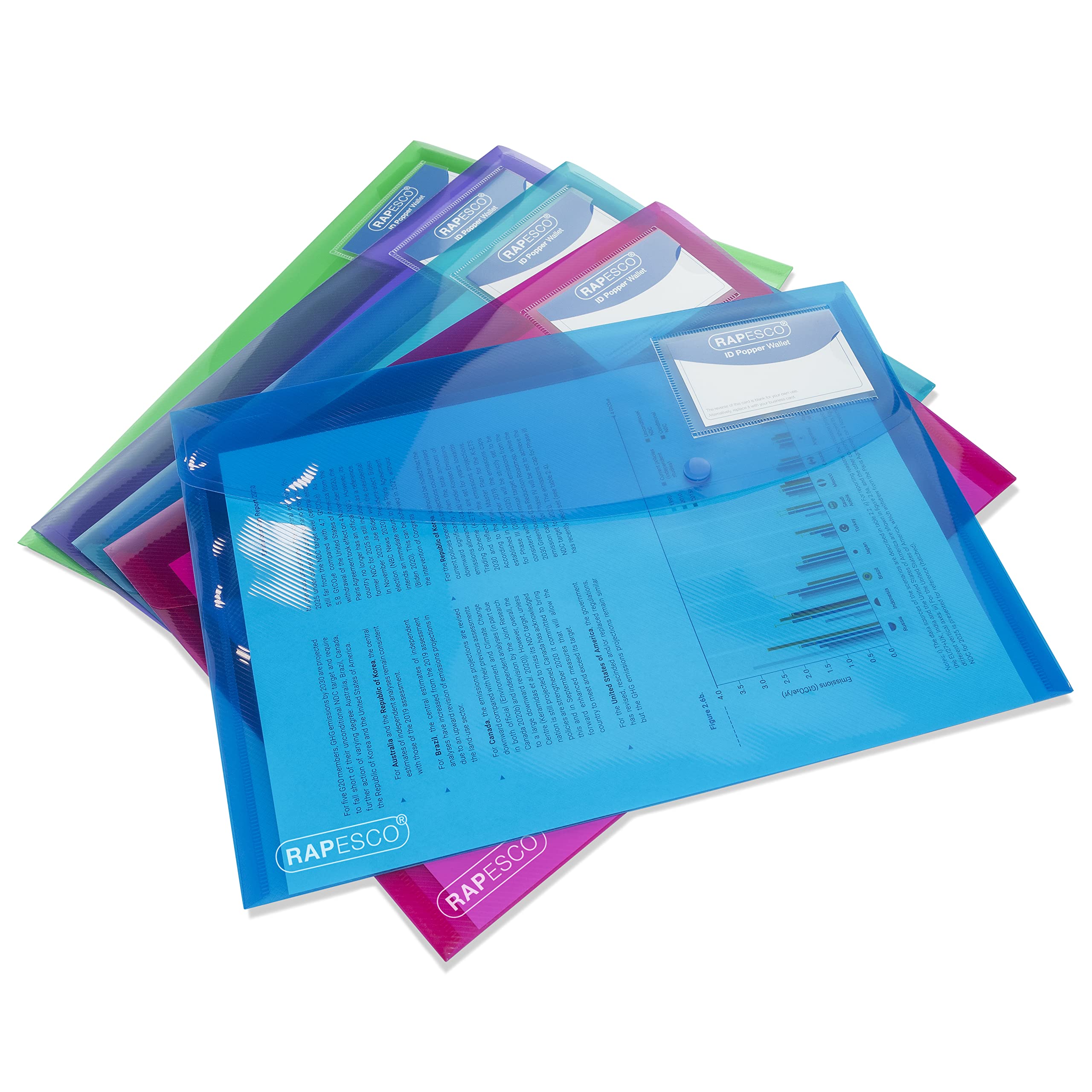 Rapesco 0700 ECO Recycled ID Popper Wallets, A4, Assorted Bright Transparent Colours, Pack of 5 1