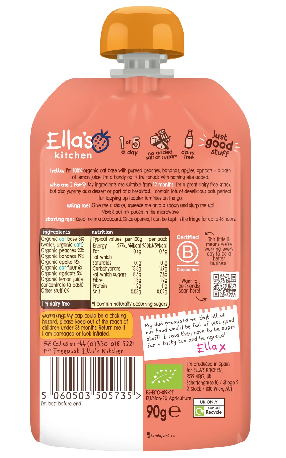 Ella's Kitchen Peach + Banana Oaty Smooshy - Fruit & Oat Snack, 2 x 90g