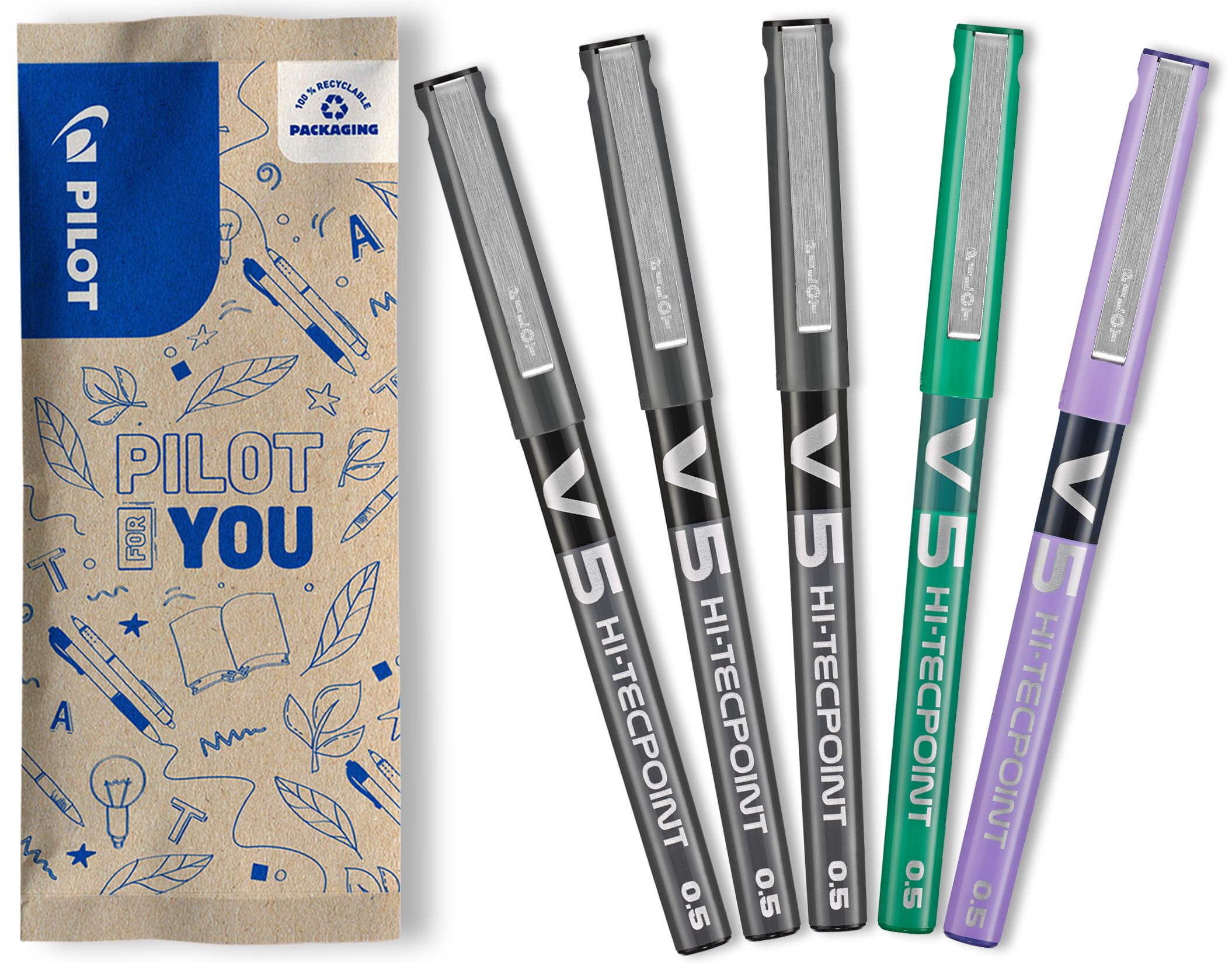 PILOT V5 Liquid Ink Rollerball Pen Set - Smooth Skip-Free Writing | 0.5mm Fine Tip | Black, Green, Purple