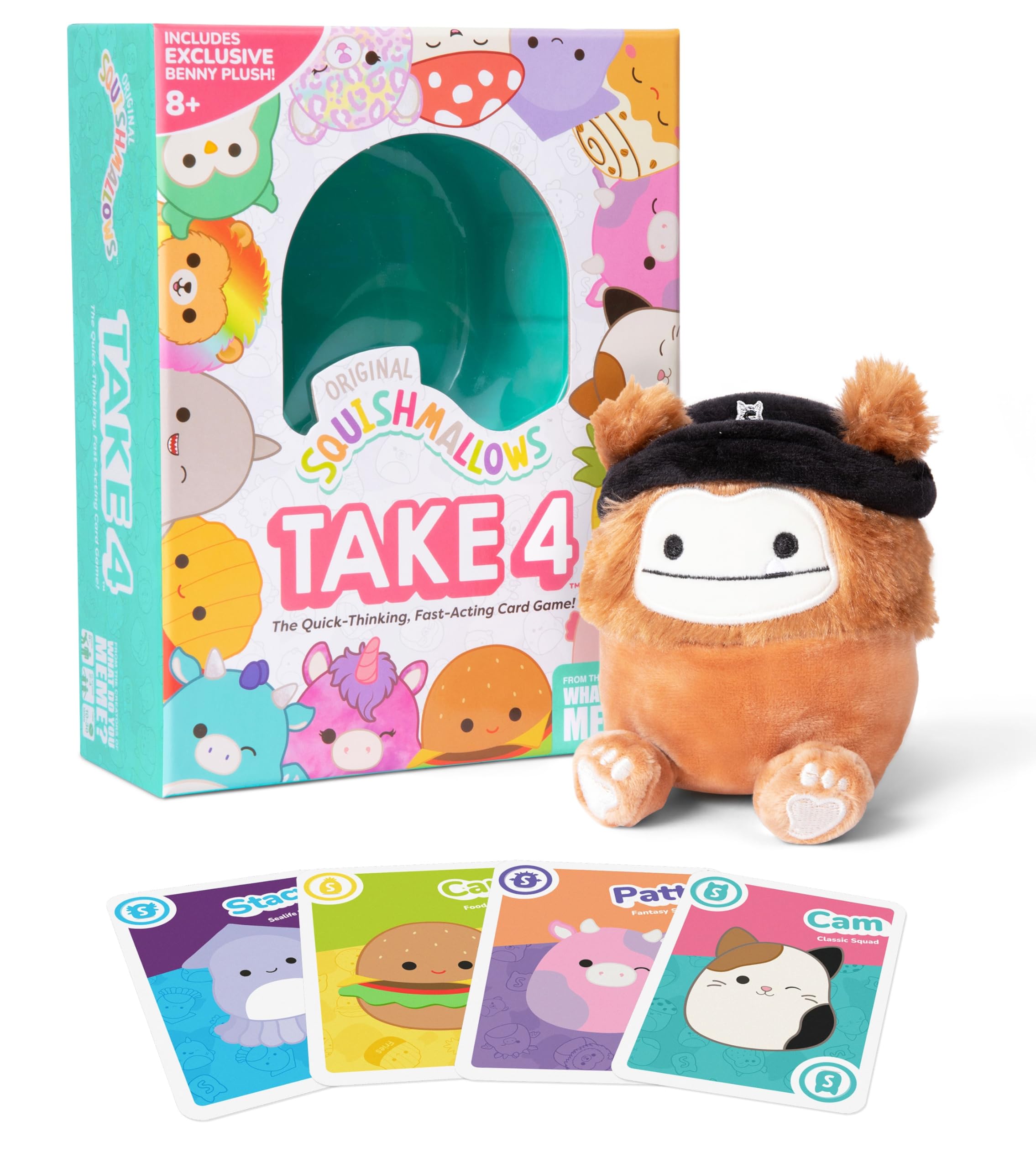 WHAT DO YOU MEME? Squishmallows Take4: Fast-Paced Family Card Game | Ages 8+ | Includes Exclusive Plush Benny The Bigfoot