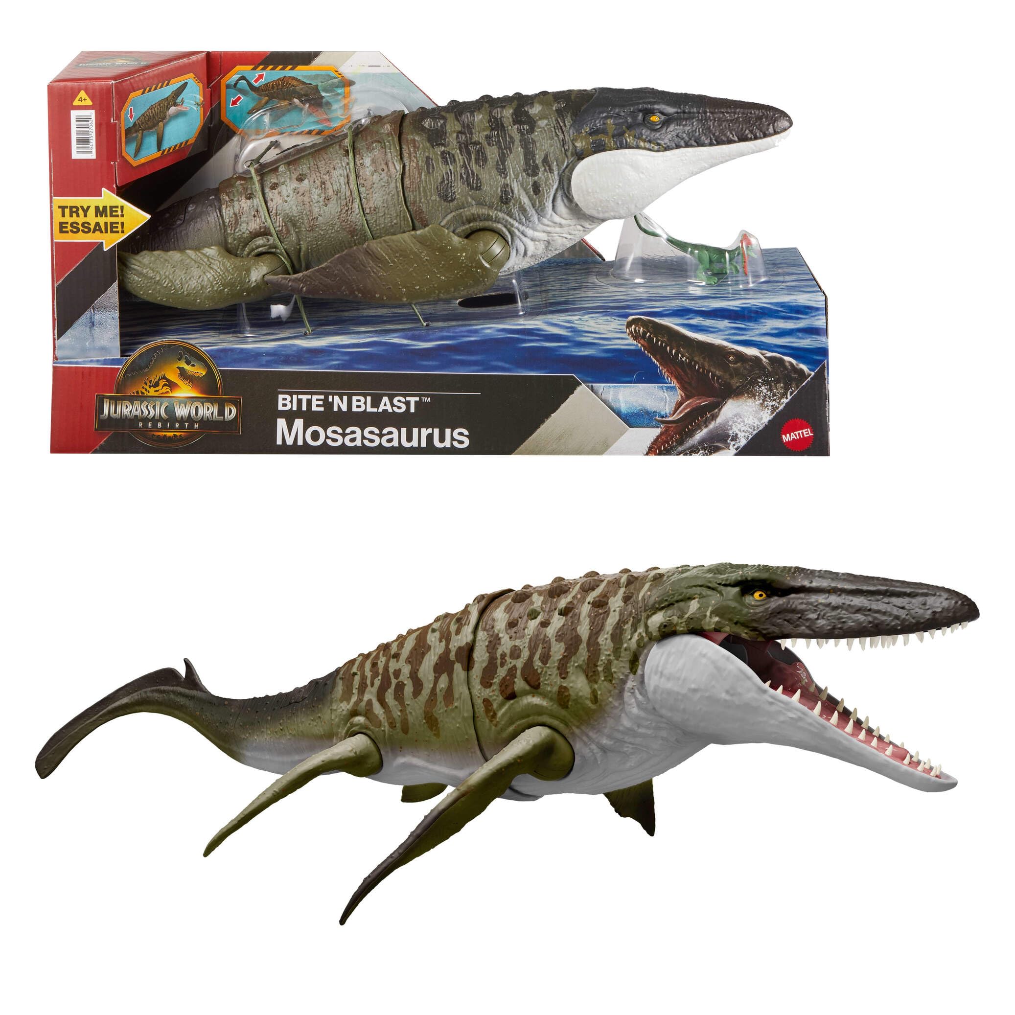 Mattel Jurassic World Rebirth Bite N Blast Mosasaurus Action Figure with Mini Dilophosaurus | 25.7-inch 1