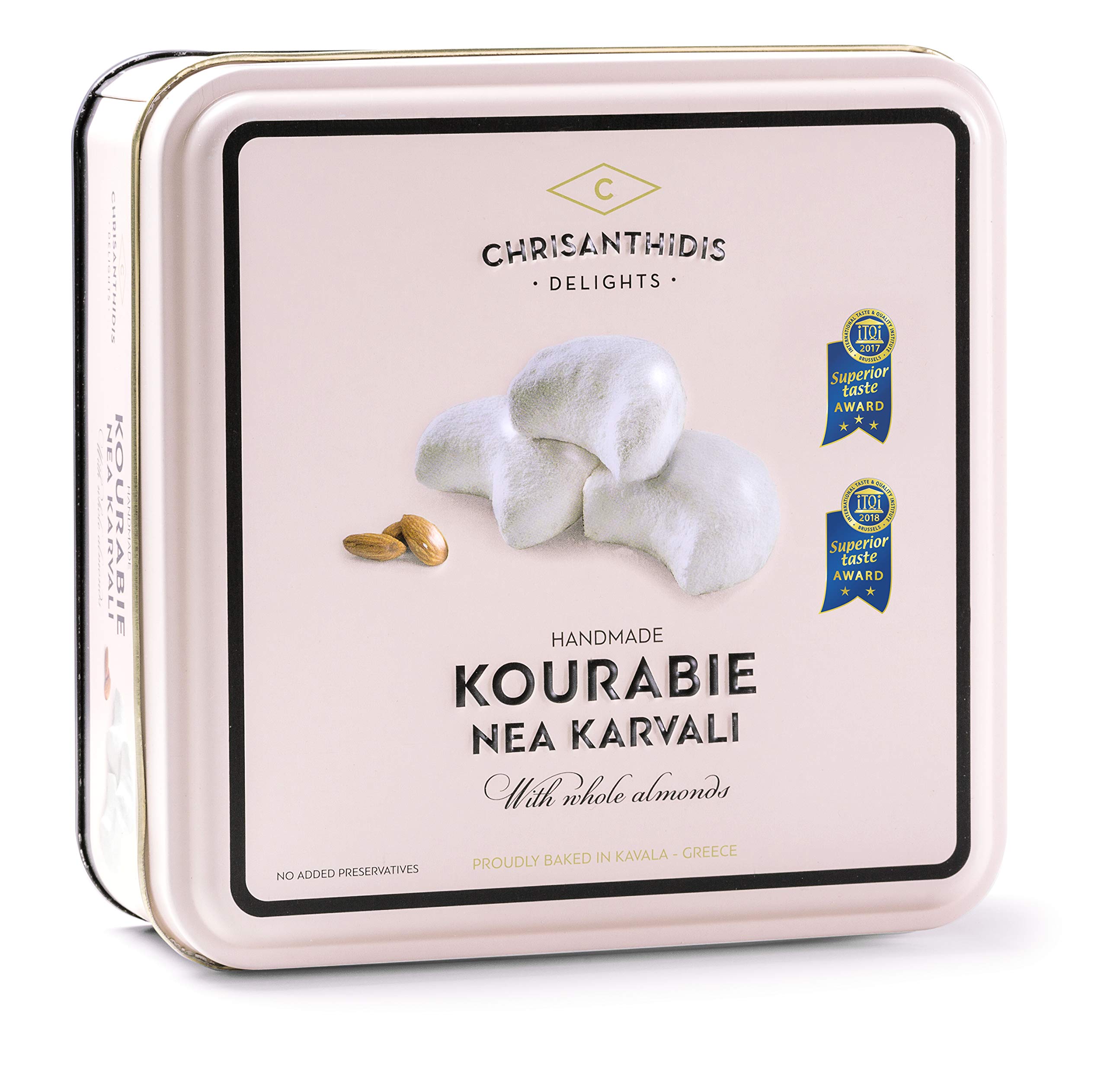 Chrisanthidis Delights Traditional Greek Shortbread Kourabie with Almonds - Buttery Crumbly Texture | Halal | 450g Metal Box