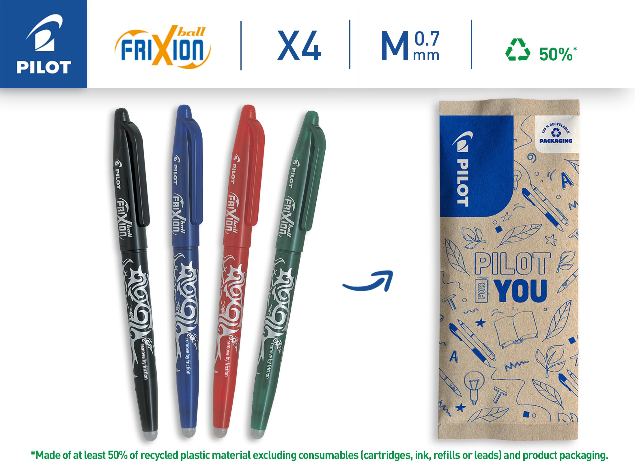 PILOT FriXion Erasable Rollerball Pen - Medium 0.7mm Point | 4-Pack Black Blue Red Green Ink