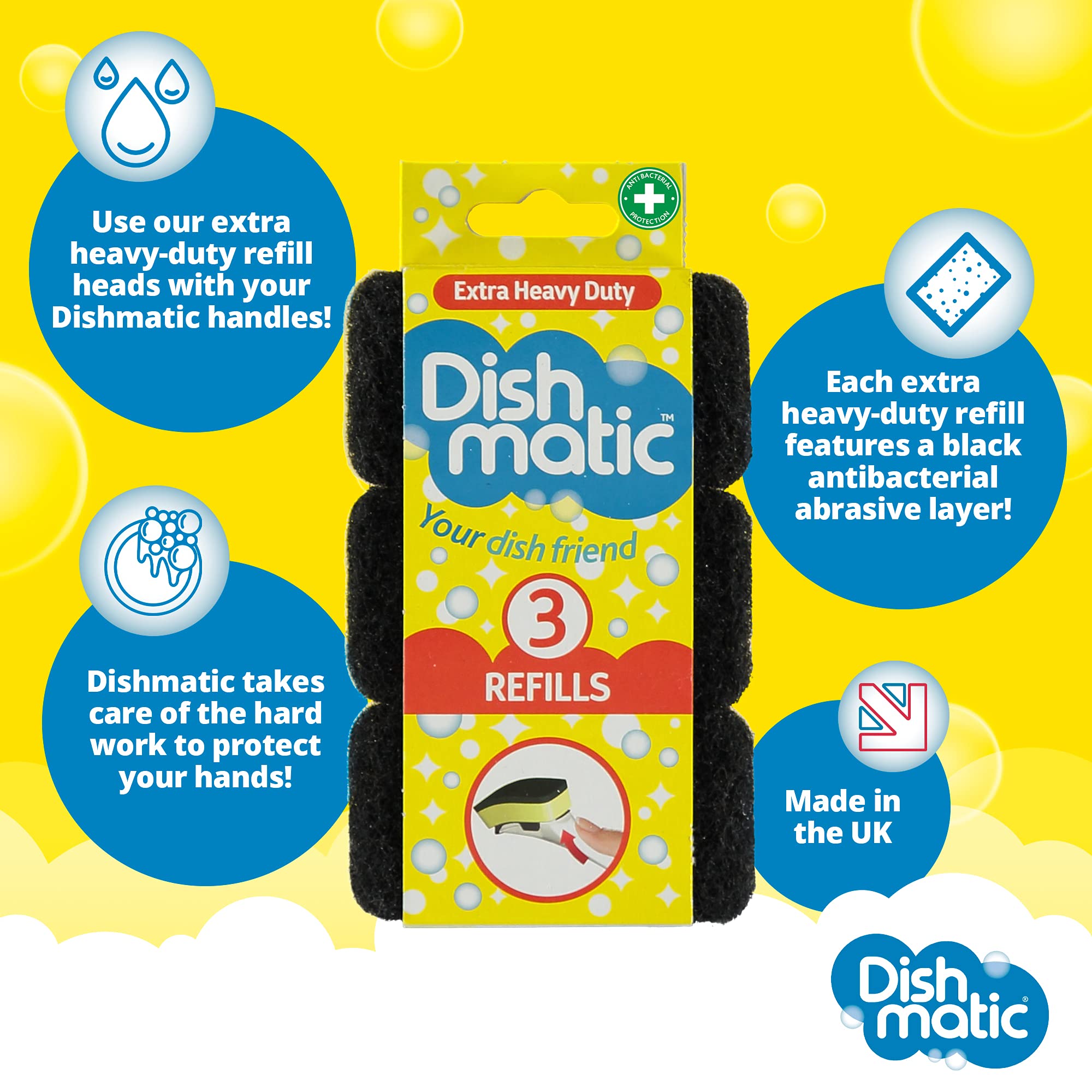 Dishmatic - Extra Heavy-Duty Washing-Up Sponge Refill Heads Black with Antibacterial Layer 7