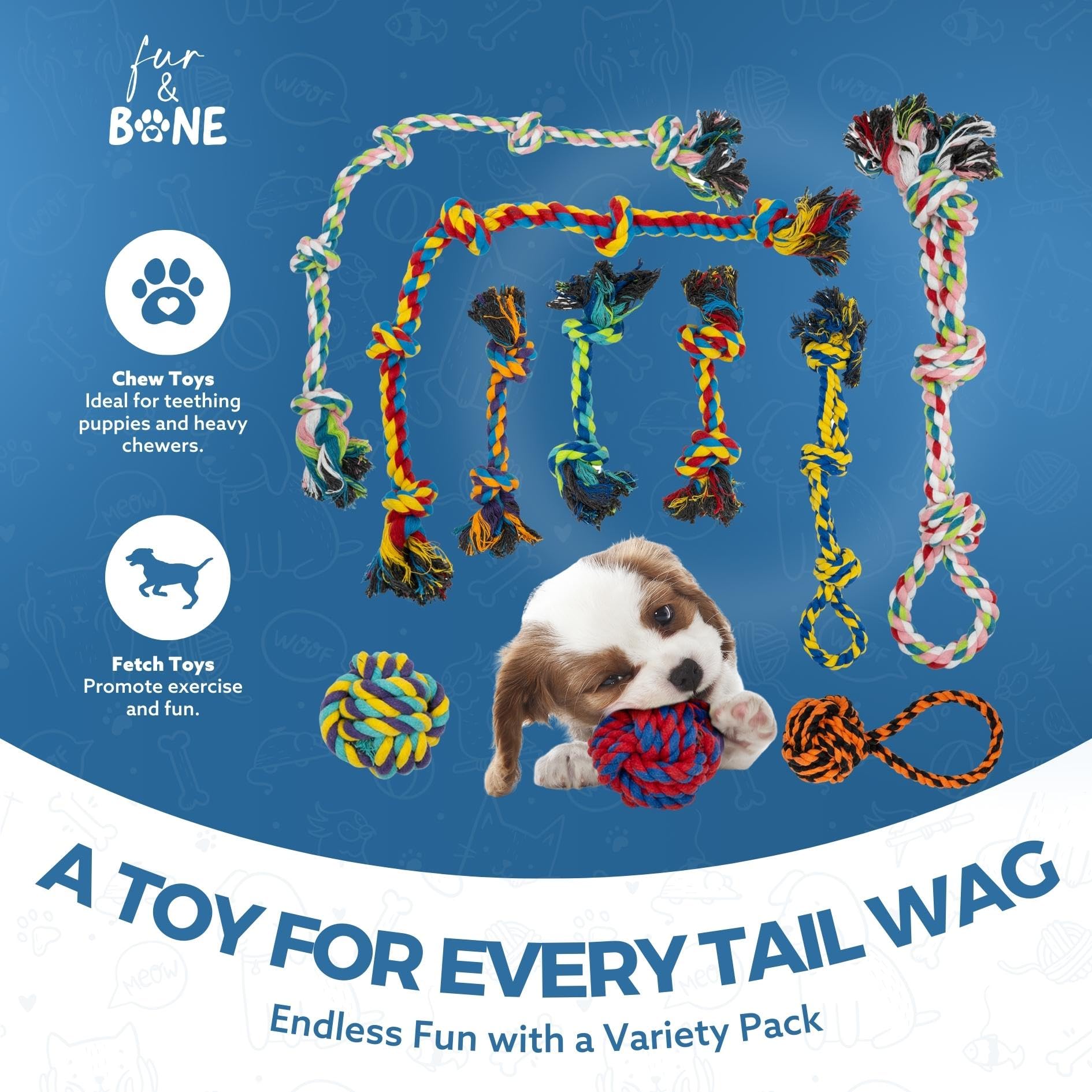 Fur & Bone 10-Pack Indestructible Dog Chew Toys - Durable Cotton Rope & Tug Toys for All Breeds 2
