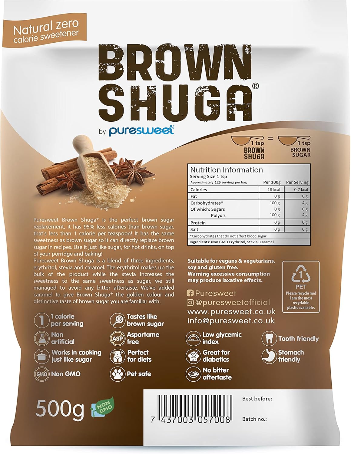 Brown Shuga® von Puresweet 500 g – Natürliche Alternative zu braunem Zucker, kein bitterer Nachgeschmack, für Diabetiker und Keto geeignet
