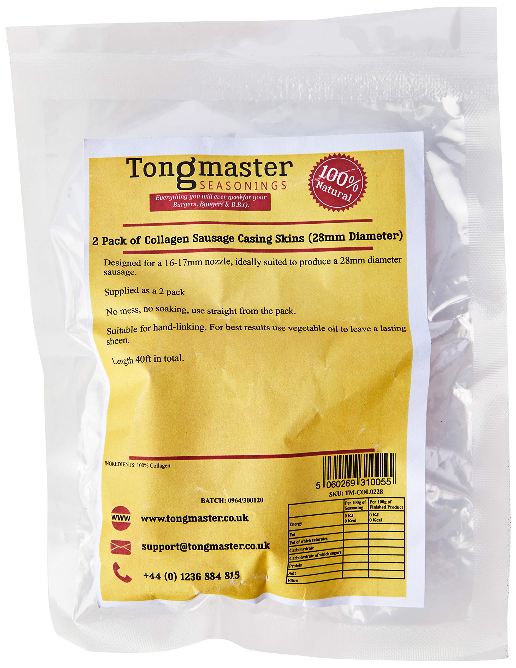 Tongmaster Collagen Sausage Casings - 28mm Diameter | 2 Count for Snack Sticks