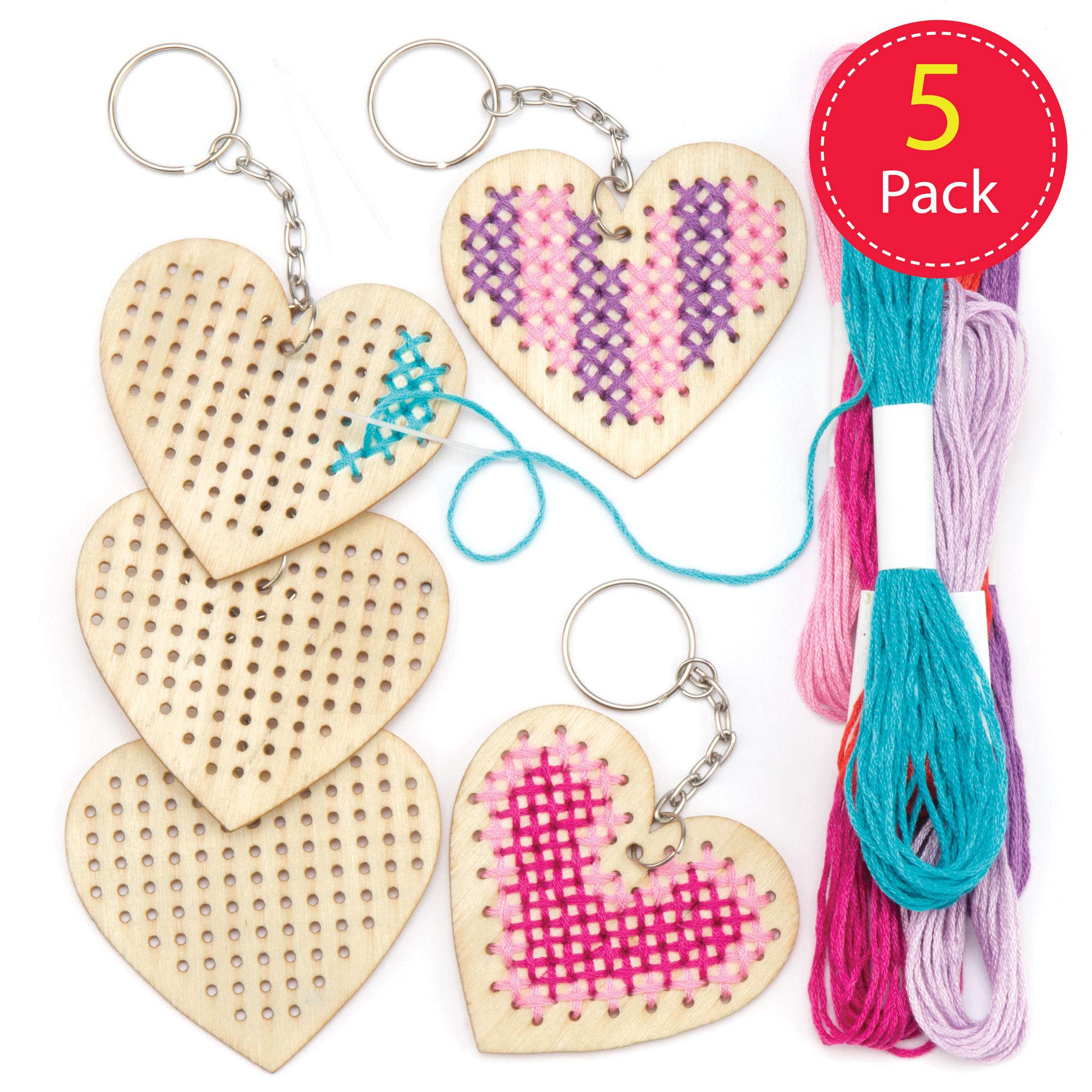 Baker Ross AR126 Wooden Heart Cross Stitch Keyring Craft Kits for Beginners (Pack of 5)