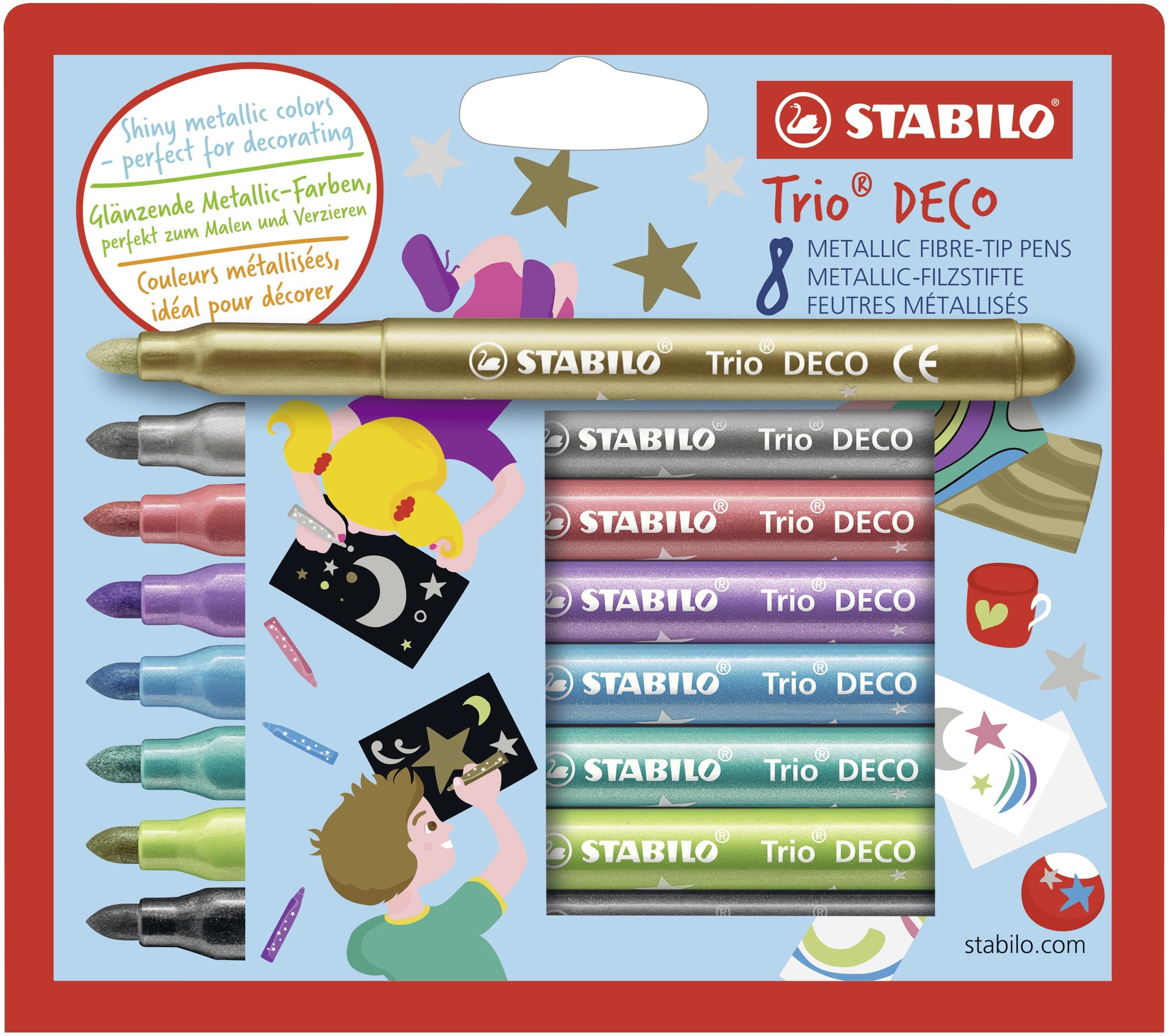 STABILO Trio Deco Metallic Felt-Tip Pens - 8 Assorted Colours | XL Tip (3mm) | Triangular Grip 1