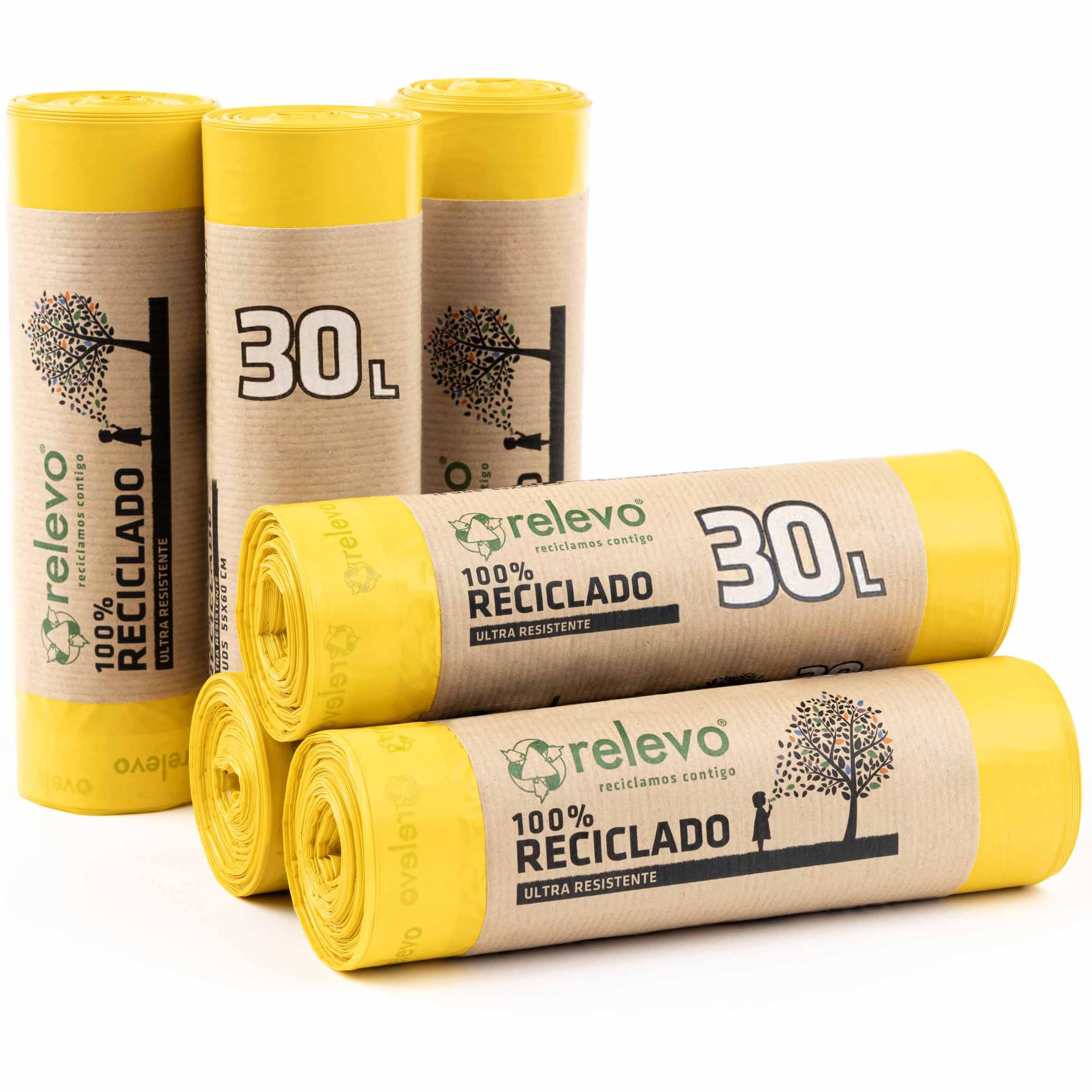 Relevo 30 Litre Bin Bags – 100% Recycled Material, 90 Sacks (6 Rolls), 55 x 60 cm, 25 kg Strength