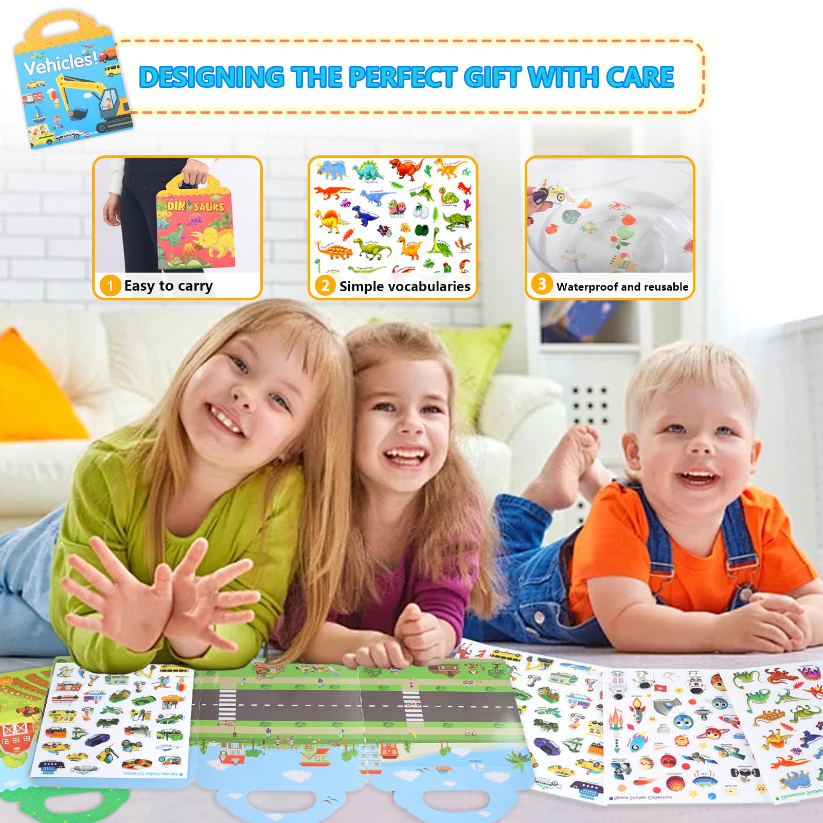 MOXYOY 2 Pack Reusable Sticker Books for Kids - Dinosaur & Vehicle Themes, Educational DIY Toys for Ages 3+ 6