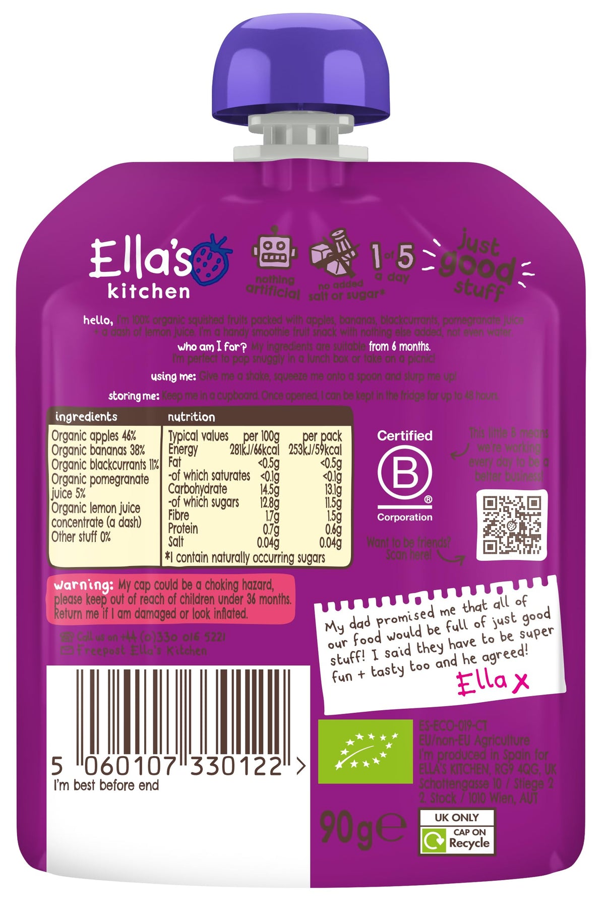 Ella's Kitchen The Purple One Organic Smoothie Fruits - 90g (Pack of 12)