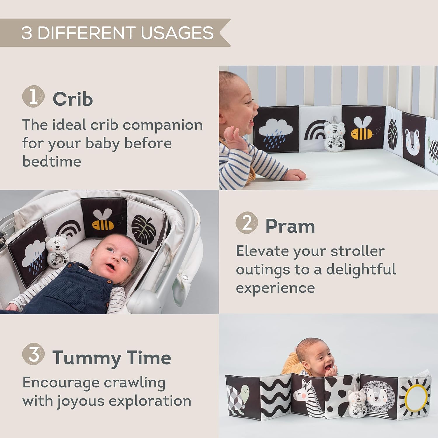 Taf Toys Savannah Black and White 3-in-1 Newborn Pram Book - High Contrast Sensory Toy for 0+ Months 5