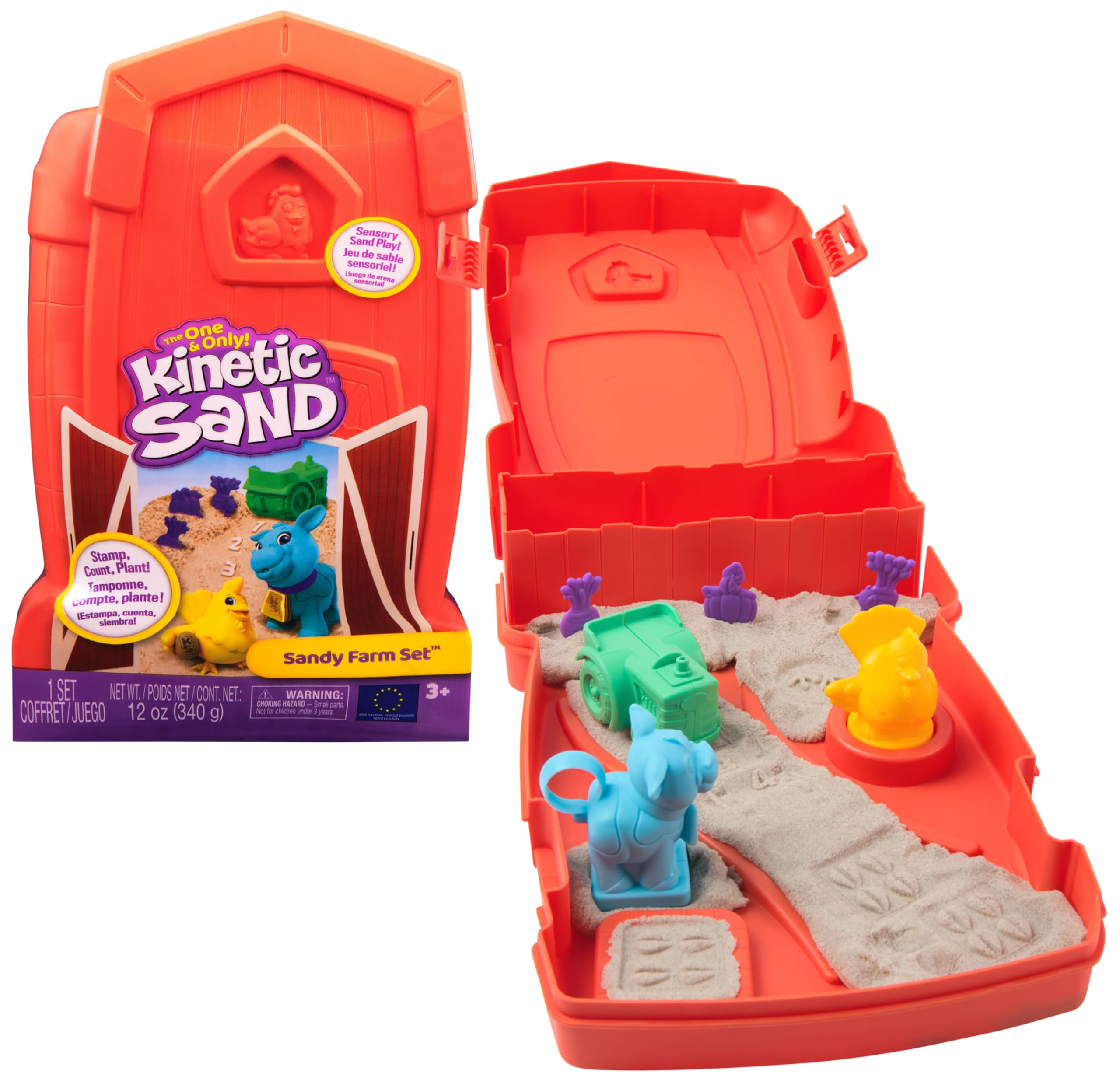 Kinetic Sand Sandy Farm Set with 340g Play Sand, 6 Tools and Moulds, Reusable Barn Storage Case
