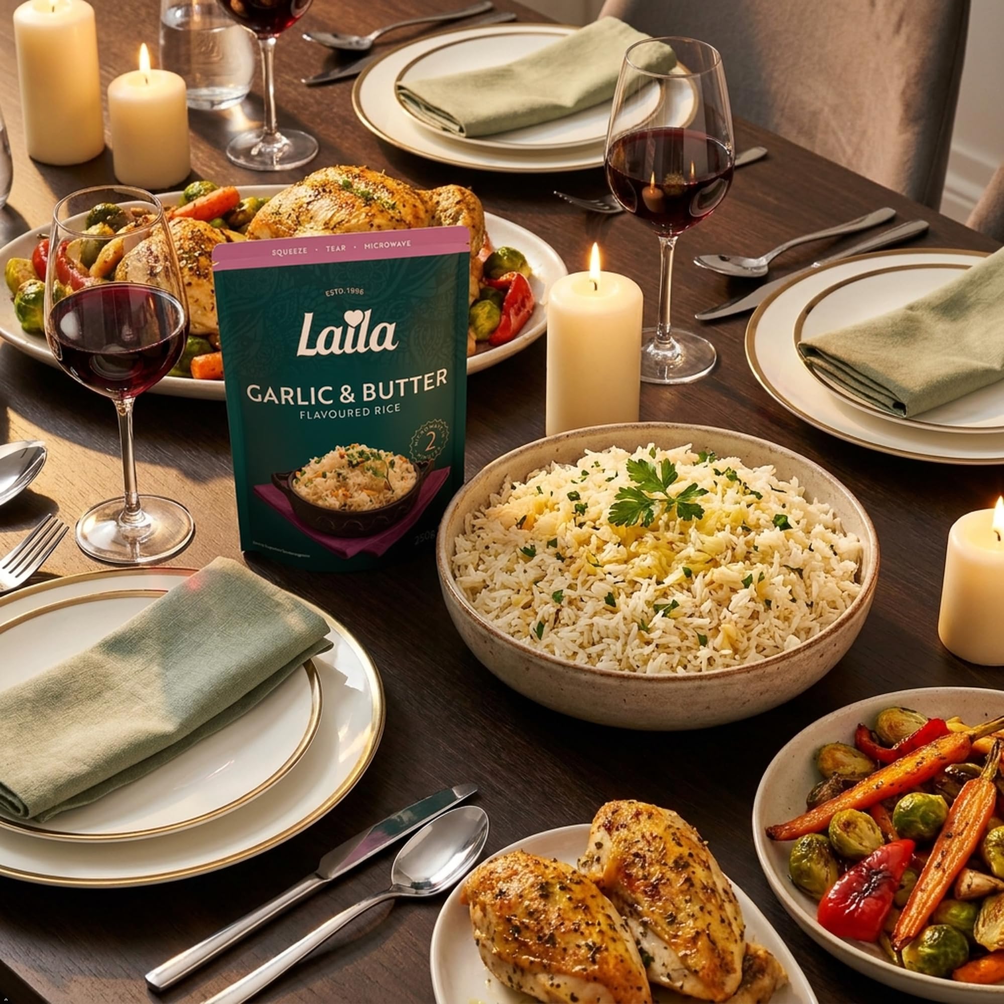 Laila Garlic & Butter Microwave Rice - 6 x 250g Packs | Ready in 2 Minutes 3
