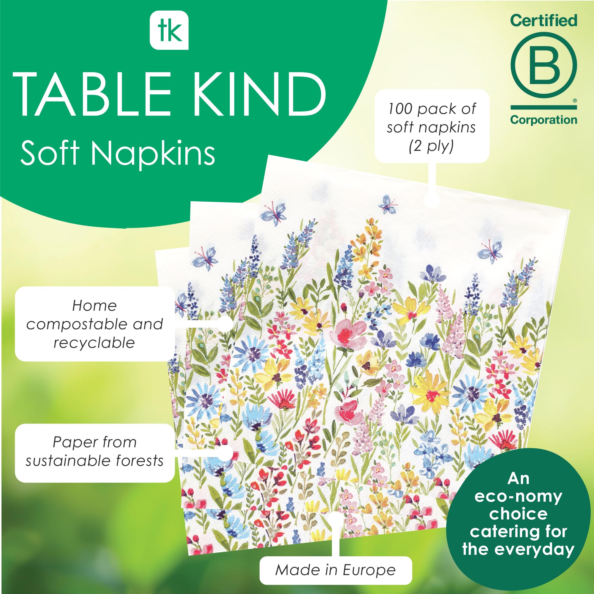 Talking Tables Table Kind - 100 Soft Recycled Paper Floral Napkins | 2ply 33cm | Compostable