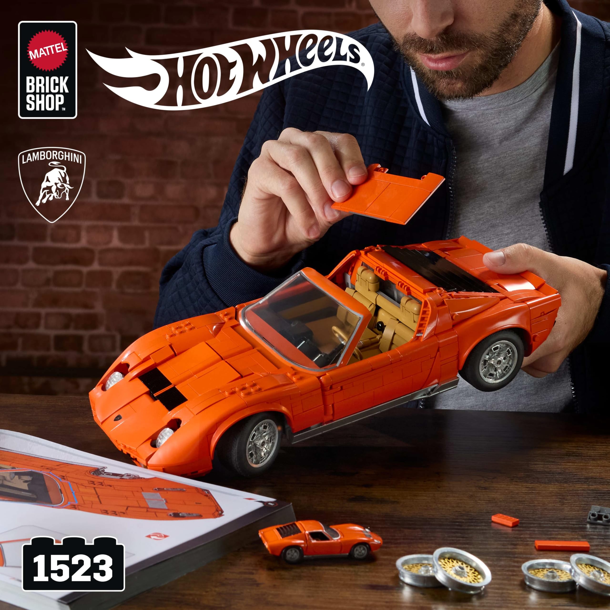 Mattel Brick Shop Hot Wheels Premium Series Building Set - 1:12 Lamborghini Miura P400 SV | Metal Parts | Custom Decals