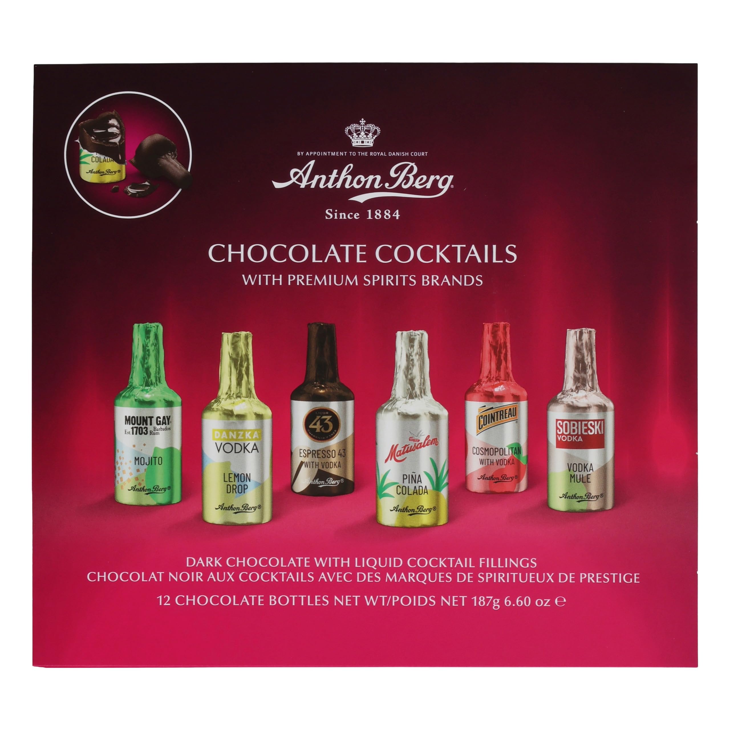 Anthon Berg 12 Dark Chocolate Cocktails with Famous Spirits Liqueurs