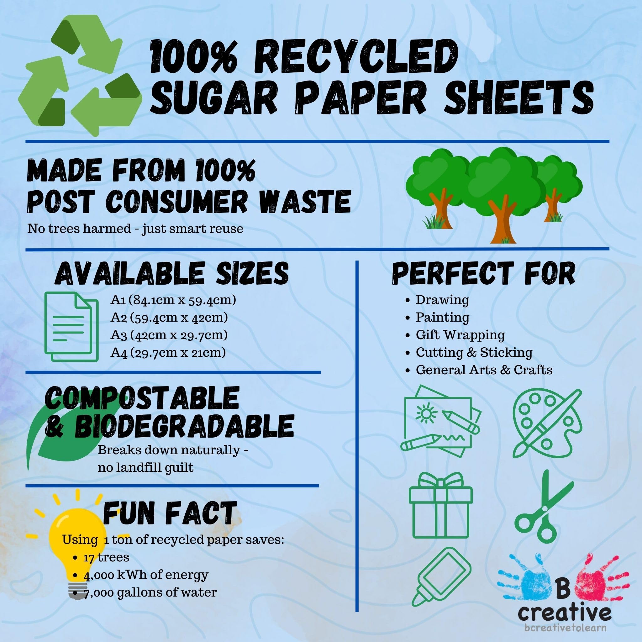 Be Creative Recycled Sugar Paper - A3 Bright Colours 50 Sheets | 100gsm | Arts & Crafts 8