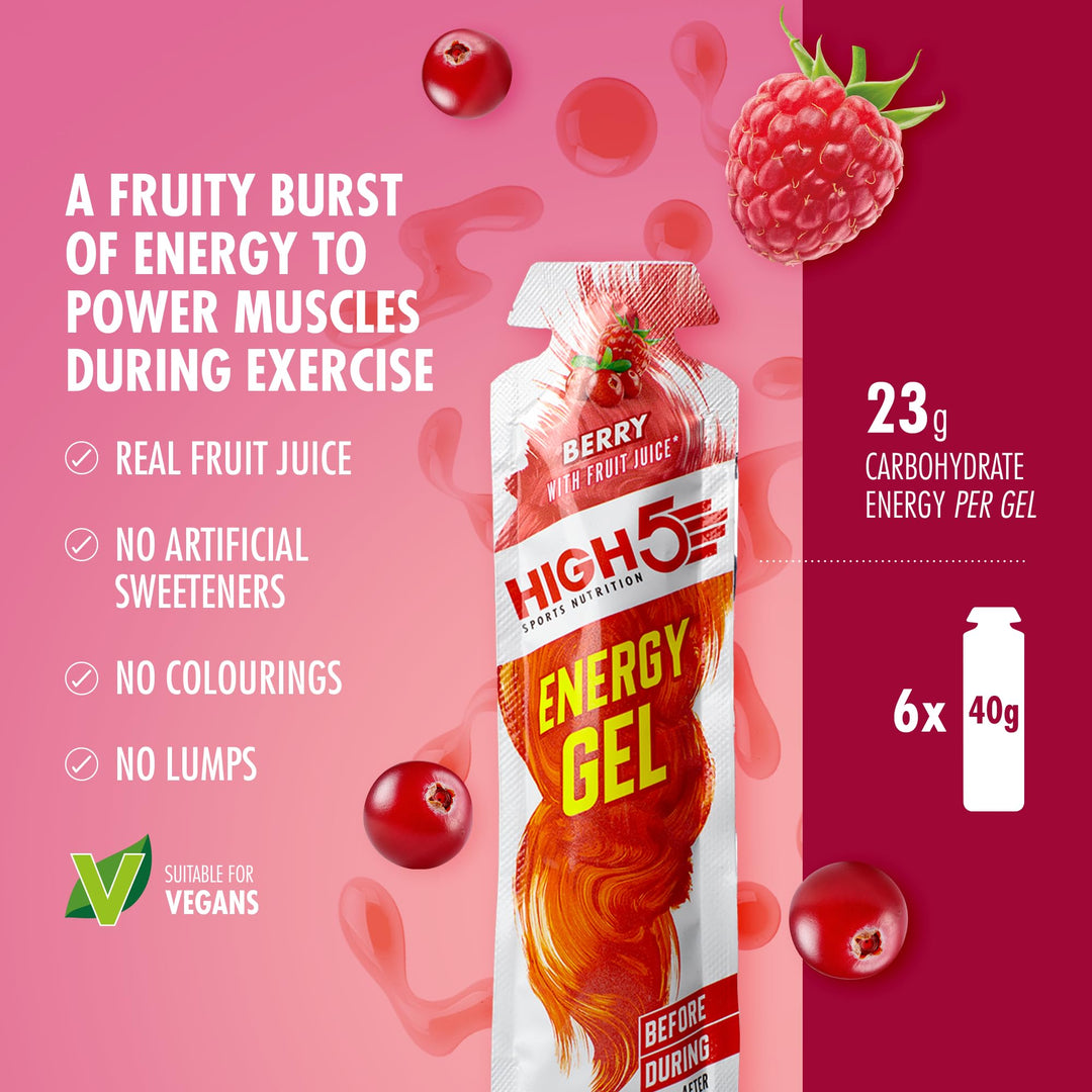 HIGH5 Energy Gels - Quick Release Sports Gels to Power Muscles for Peak Performance - Natural Fruit Juice & Caffeine-Free - On The Go Energy Boost for Running, Cycling and Endurance (Berry, 6 x 40g)