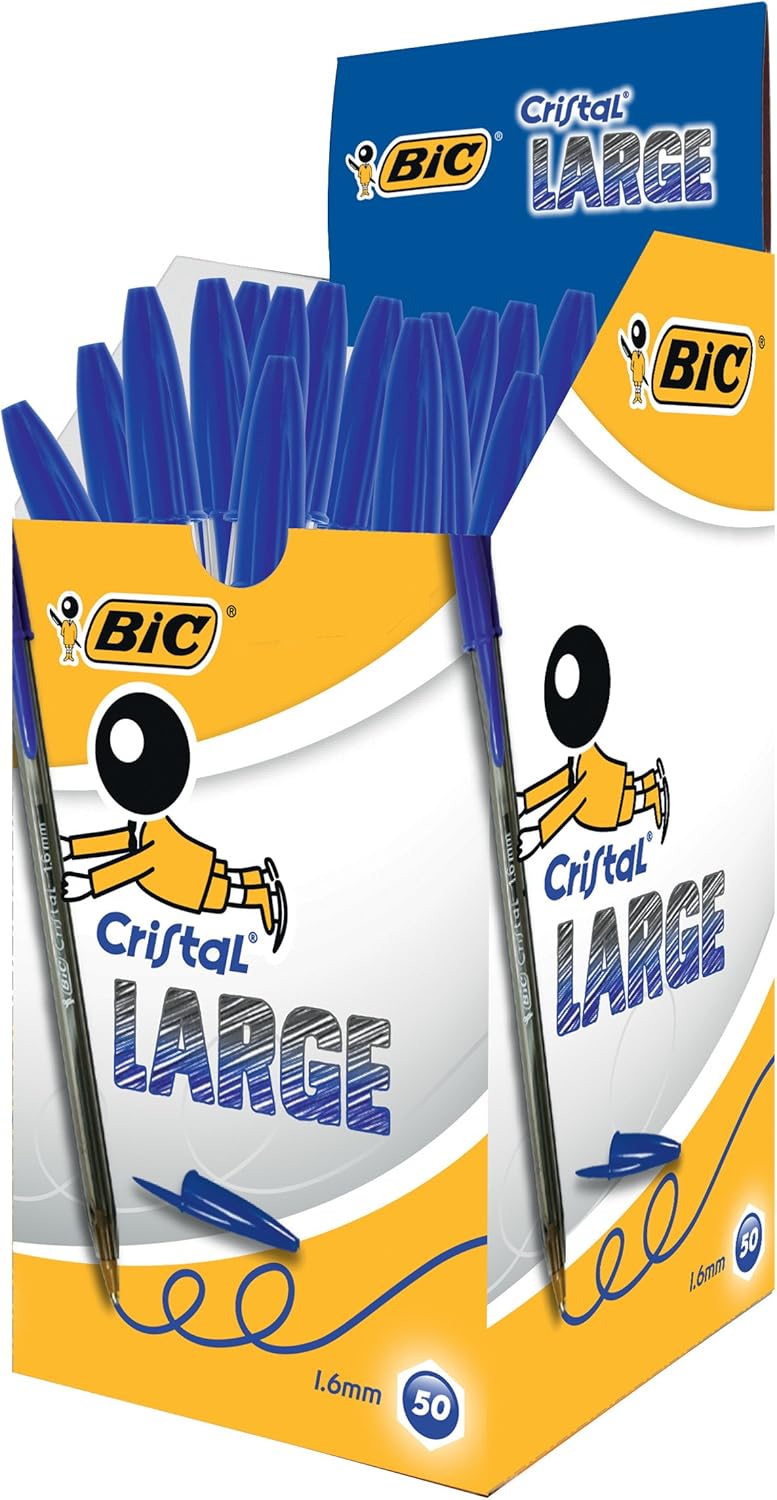 BIC Cristal Large, Wide Point Ball Ballpoint Pens, Smooth Ink Flow, Lightly Smoked Barrel, in Blue, Pack of 50 10