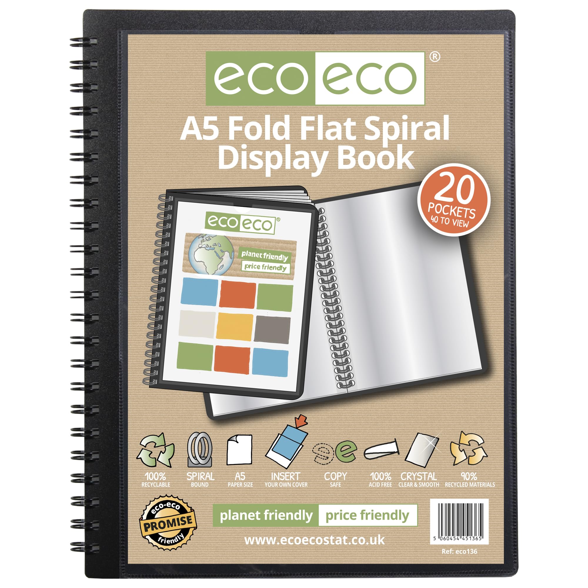 eco-eco A5 20 Pocket Fold Flat Spiral Bound Display Book | 90% Recycled Material | Black Cover