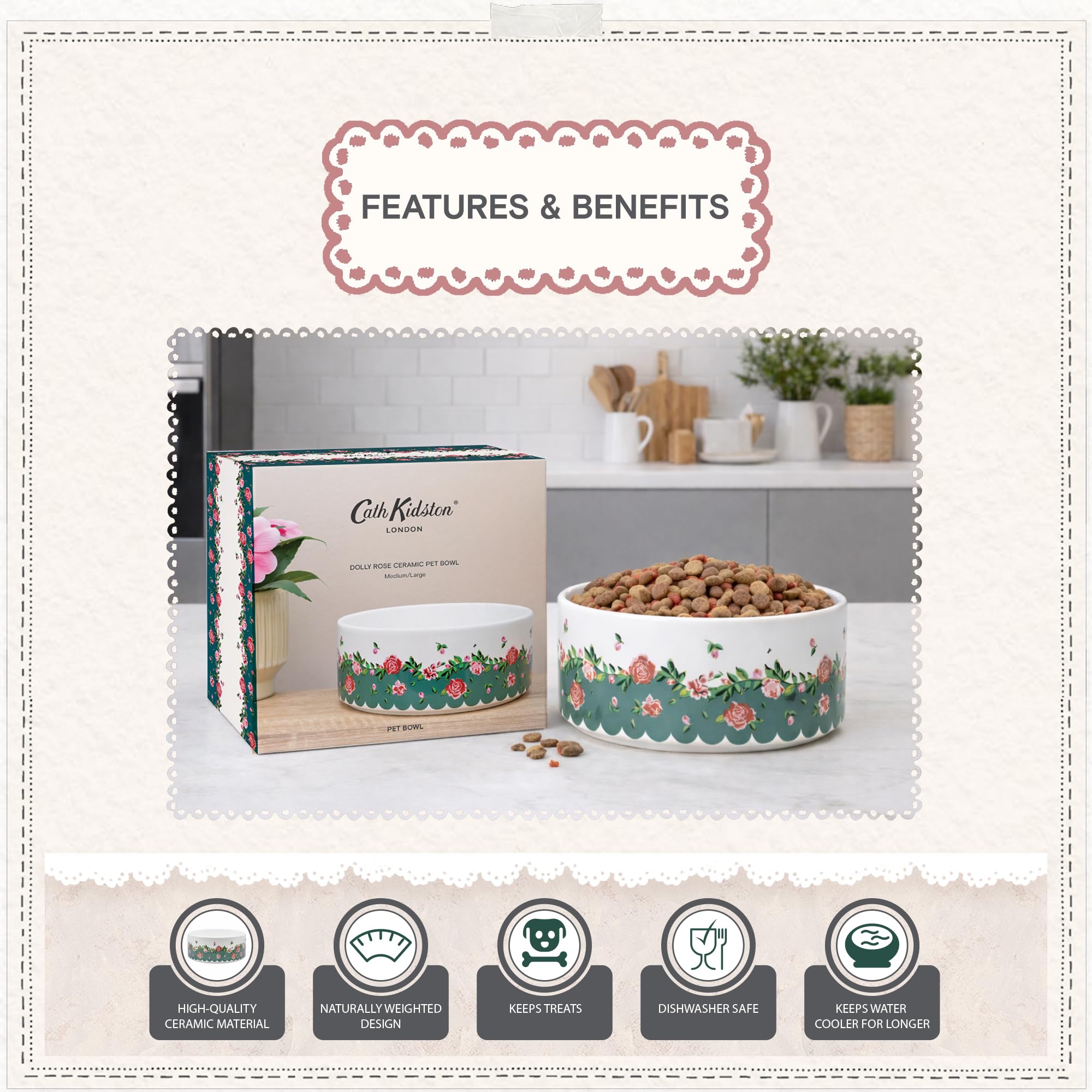 Pet Brands Cath Kidston Ceramic Large Dog Bowl - 1.4L Capacity | Dolly Rose Print 2