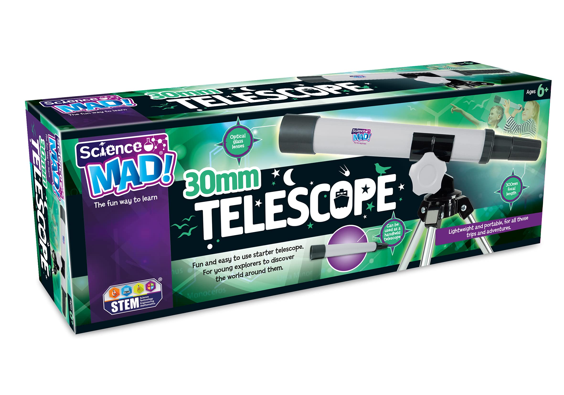 Science Mad 30mm Telescope - 15x Magnification | Ages 6+ | Includes Tripod