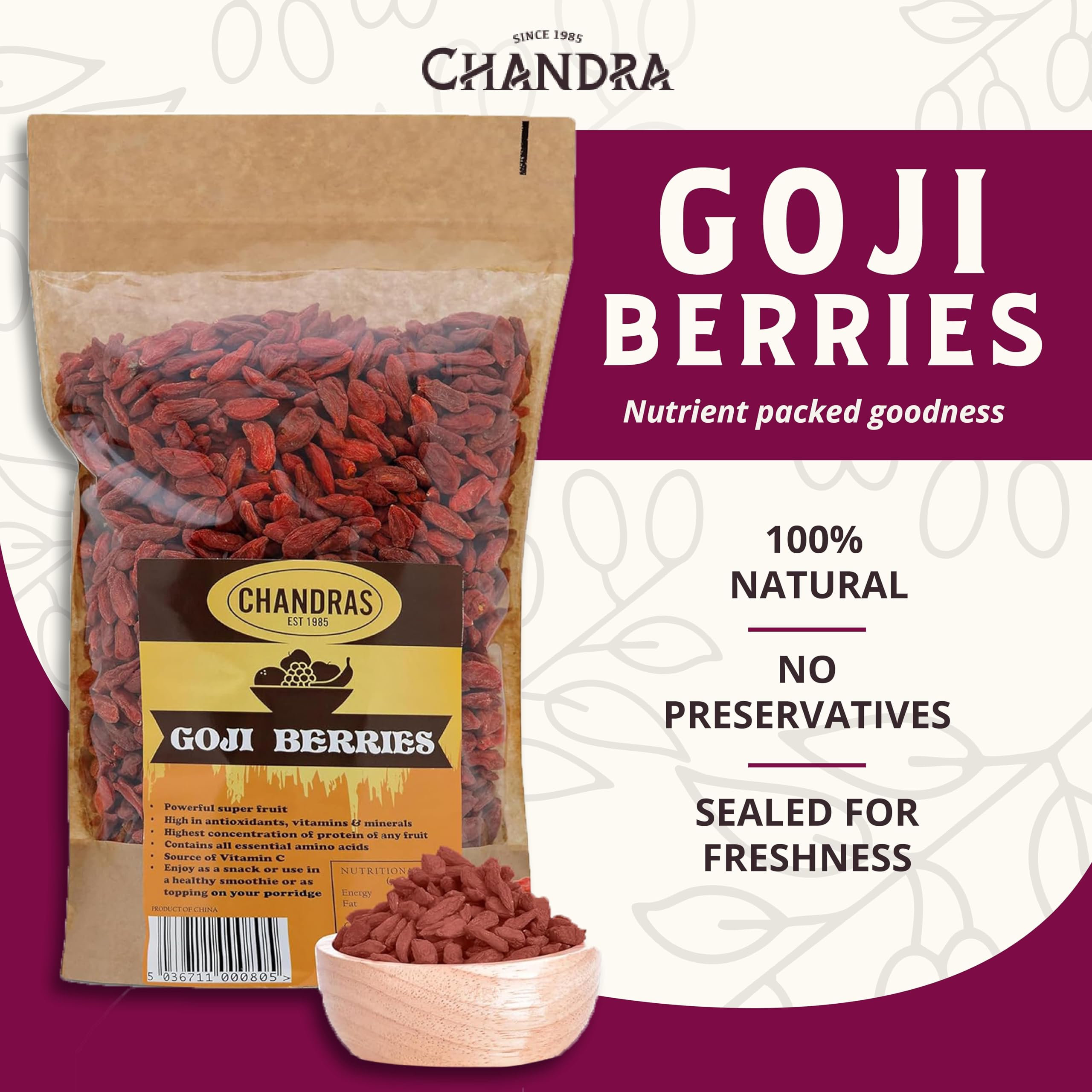 CHANDRA Whole Foods Goji Berries - 1KG Dried Super Fruit | Low-GI, High Protein 2