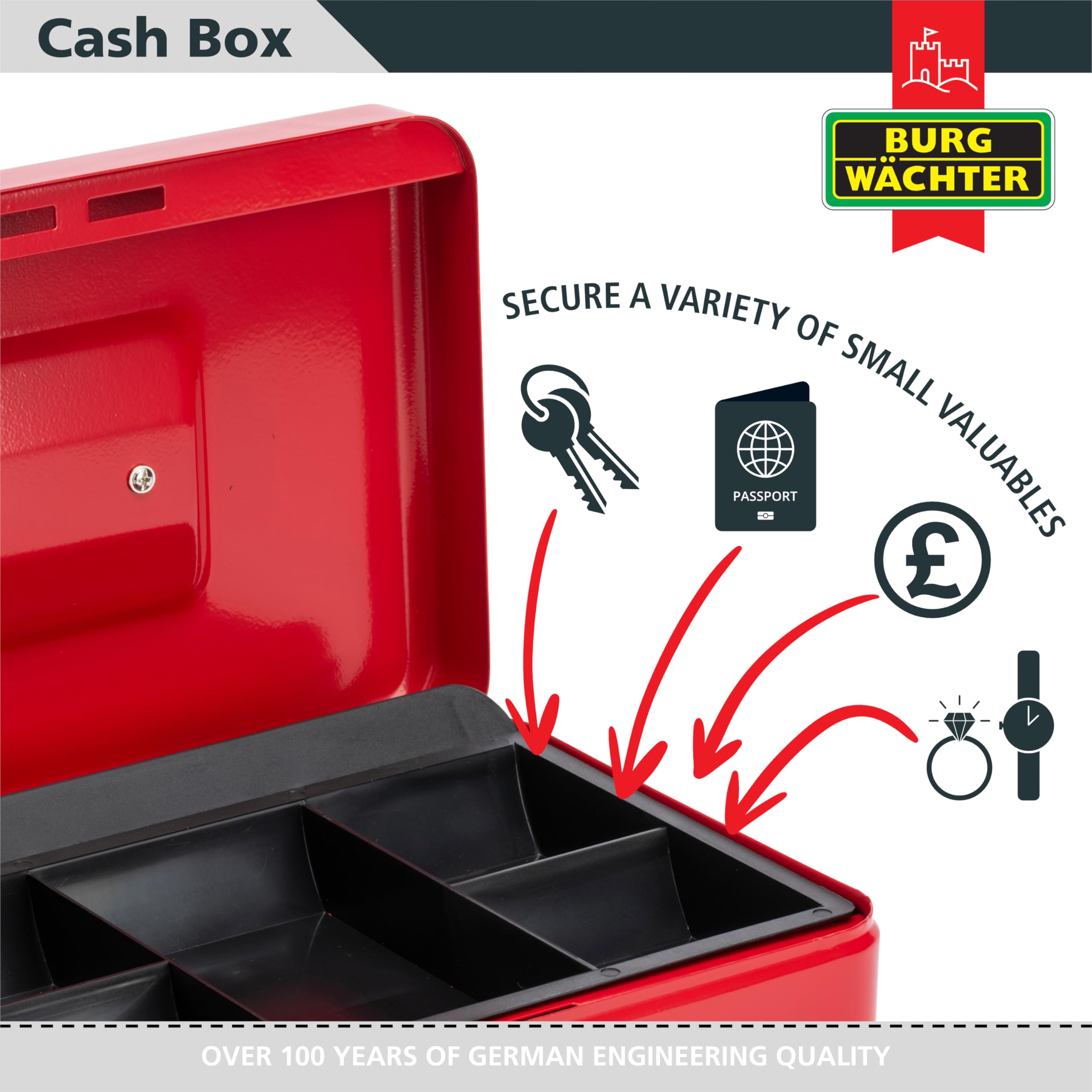 Burg-Wächter CB03R Cash Box - 10' Size | Key Lock | Red Metal Construction 5