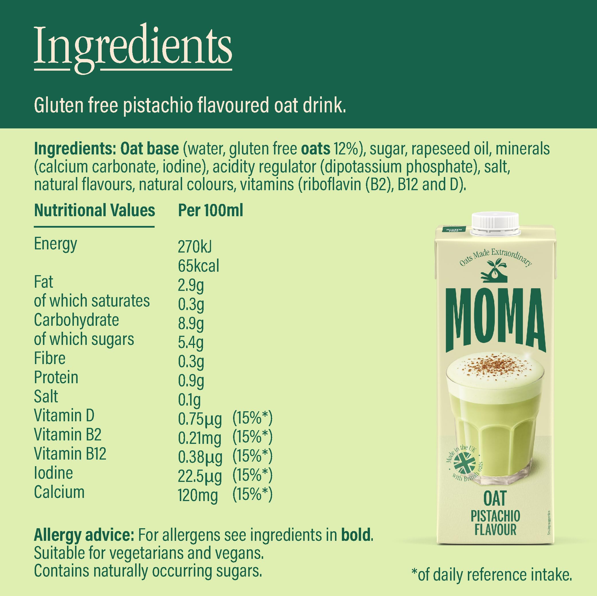 MOMA Pistachio Flavoured Oat Drink - 1L - Plant Based & Vegan - Not From Concentrate 11