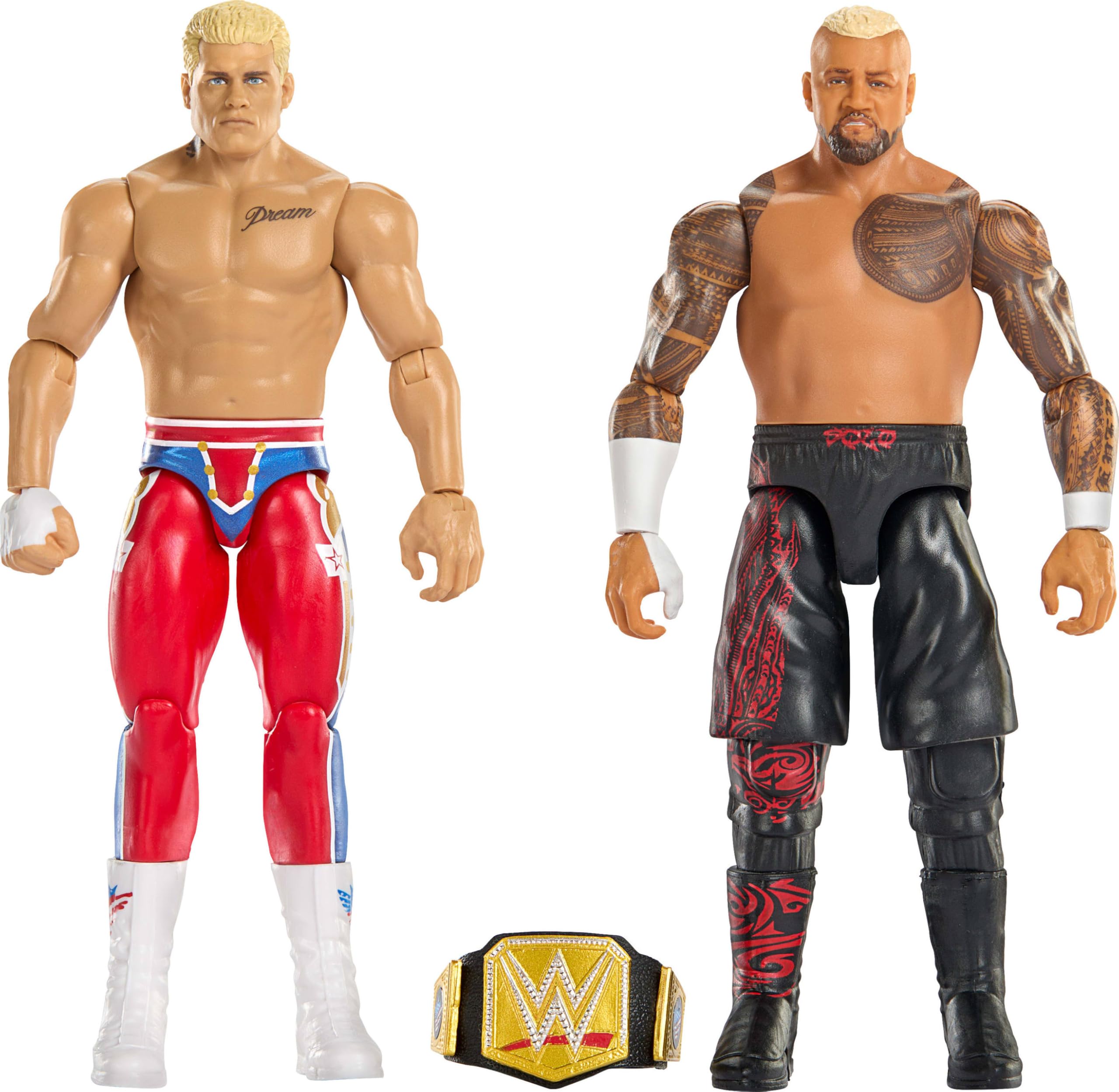 Mattel WWE Main Event Showdown 2-Pack Action Figures (Cody Rhodes & Solo Sikoa) - 6-Inch Figures with Accessory, 10 Points of Articulation