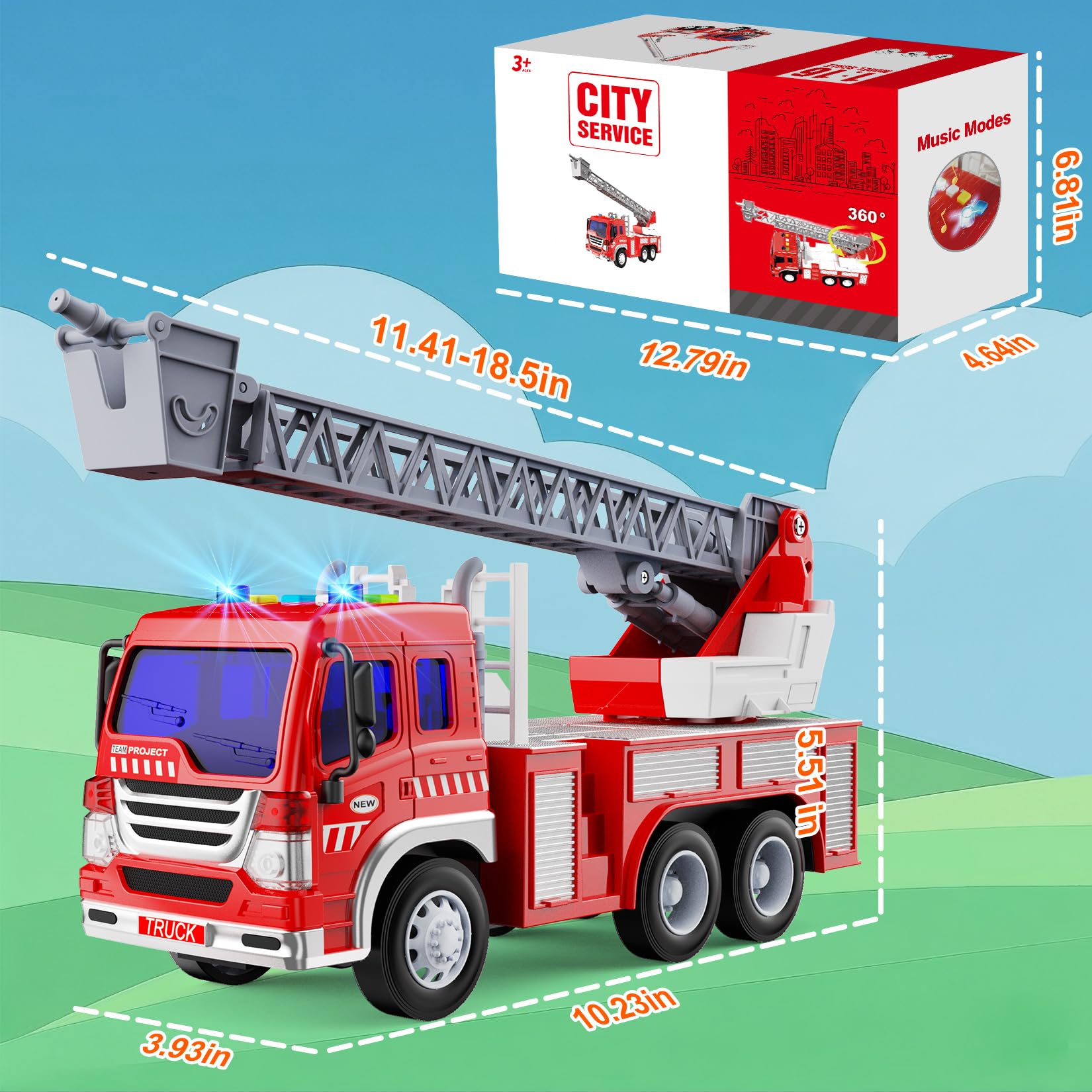 TOYABI Fire Engine Toy Truck - 1:16 Scale with Lights & Sound | Ages 3+ | ABS Plastic