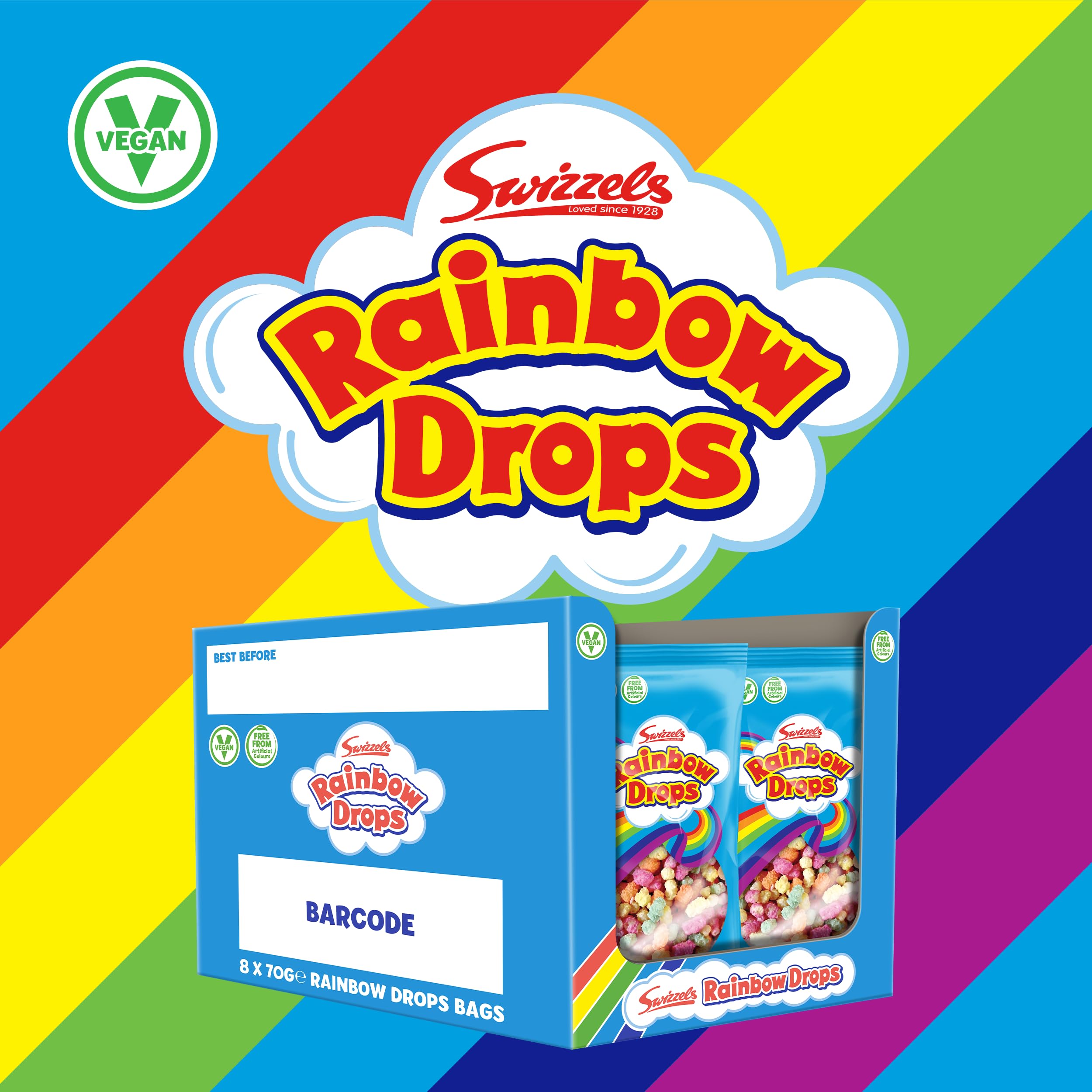 Swizzels Giant Rainbow Drops 8 x 70g Bags, Individually Wrapped Bulk Sweets