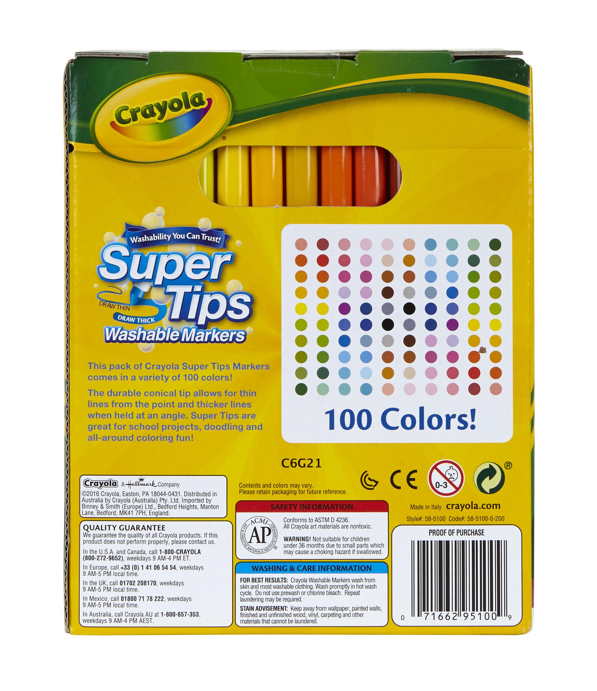 Crayola Super Tips Washable Markers - 100 Vibrant Colors | Conical Tip | Ages 3+