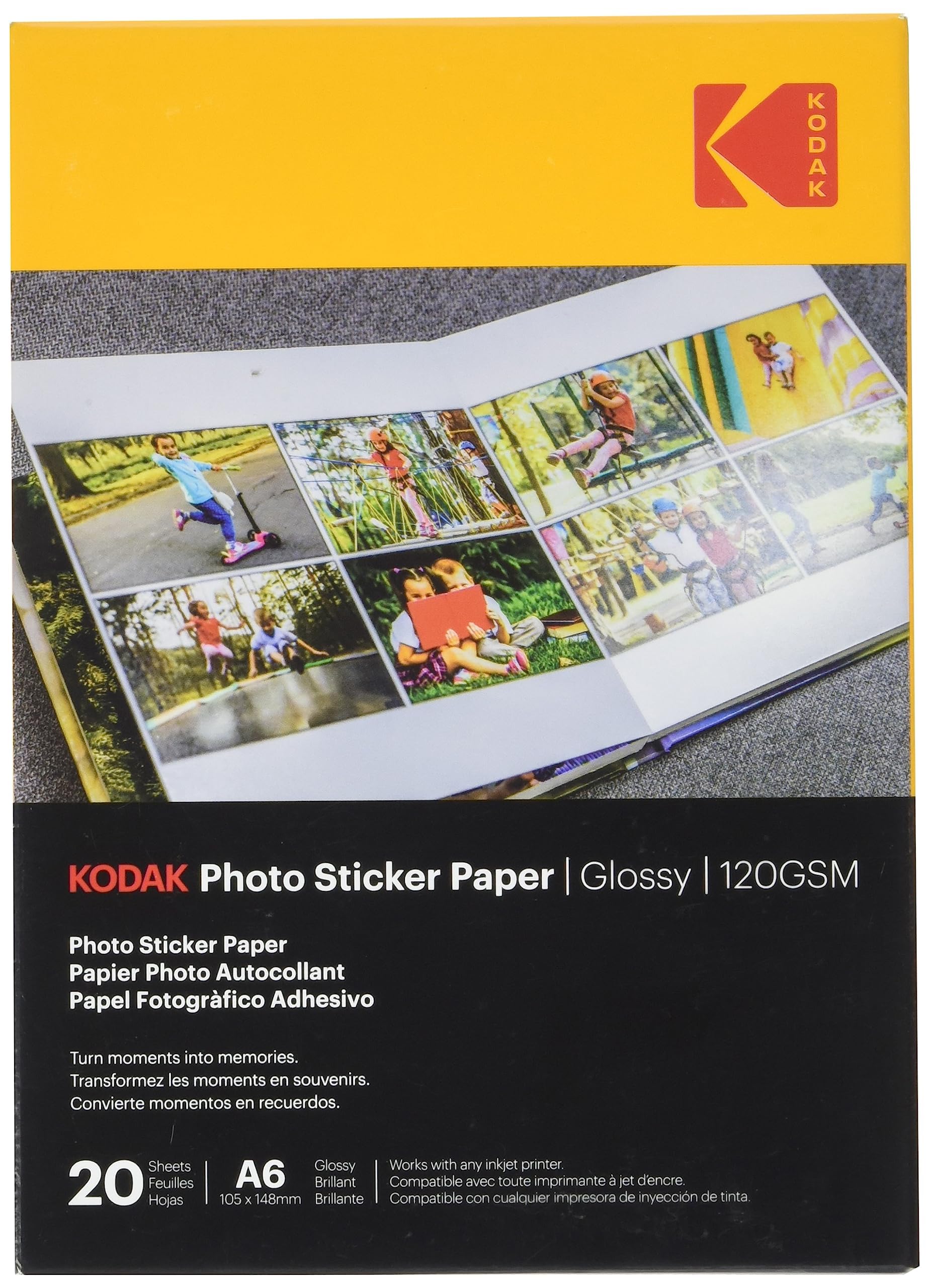 KODAK Photo Sticker Paper - Self Adhesive Glossy Finish | A6 Size | 20 Sheets