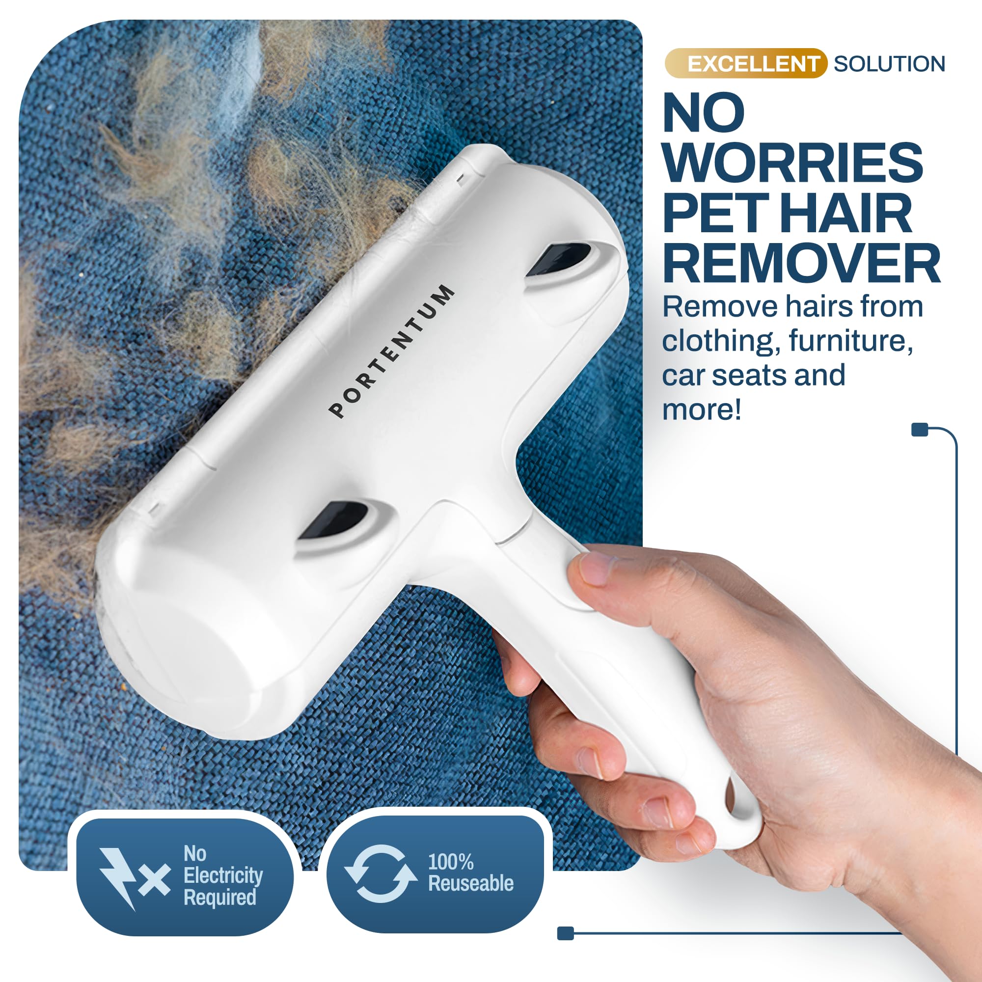 PORTENTUM Pet Hair Remover Roller - Reusable Self-Cleaning Lint Brush for Furniture & Carpet | Blue | Medium/Large 2