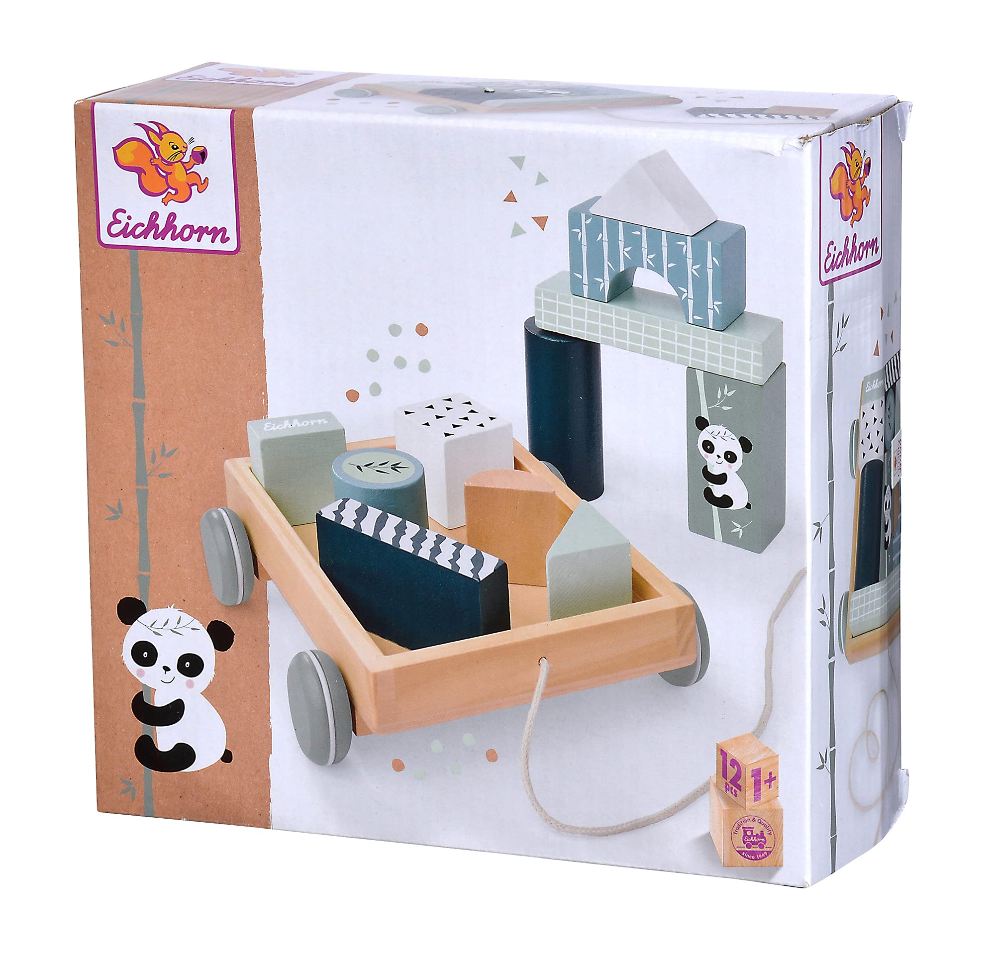 Eichhorn Construction Cart - Panda Motif Pull-Along Toy | 12 Pieces | Wood