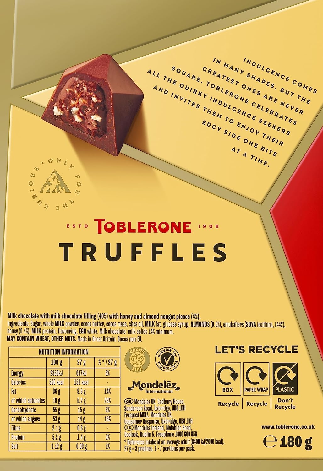 Toblerone Truffles Milk Chocolate with Honey & Almond Nougat 180g