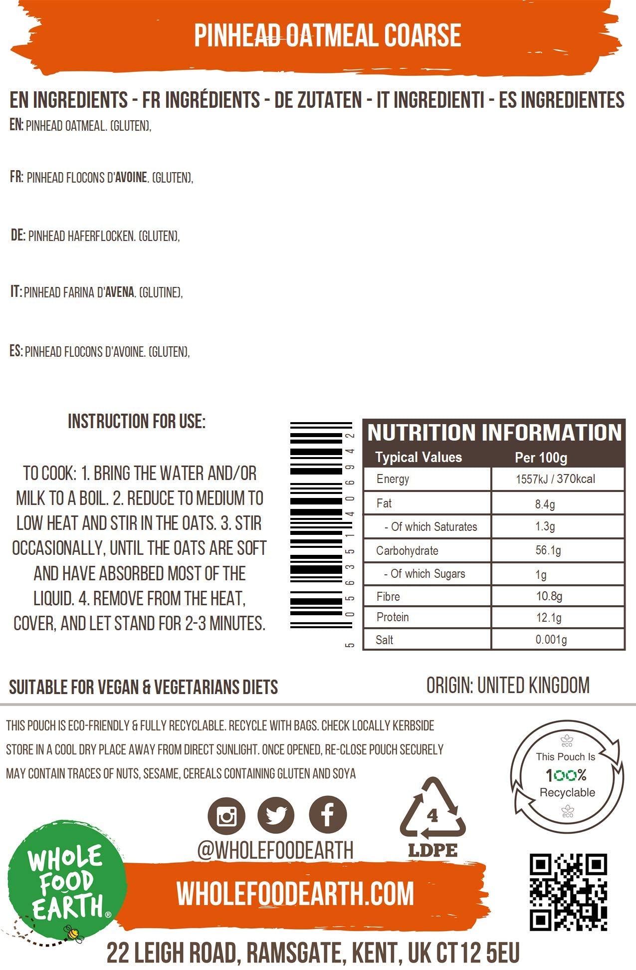 Wholefood Earth Pinhead Oatmeal Coarse Stabilised - 1kg | GMO Free | High Energy Release 2