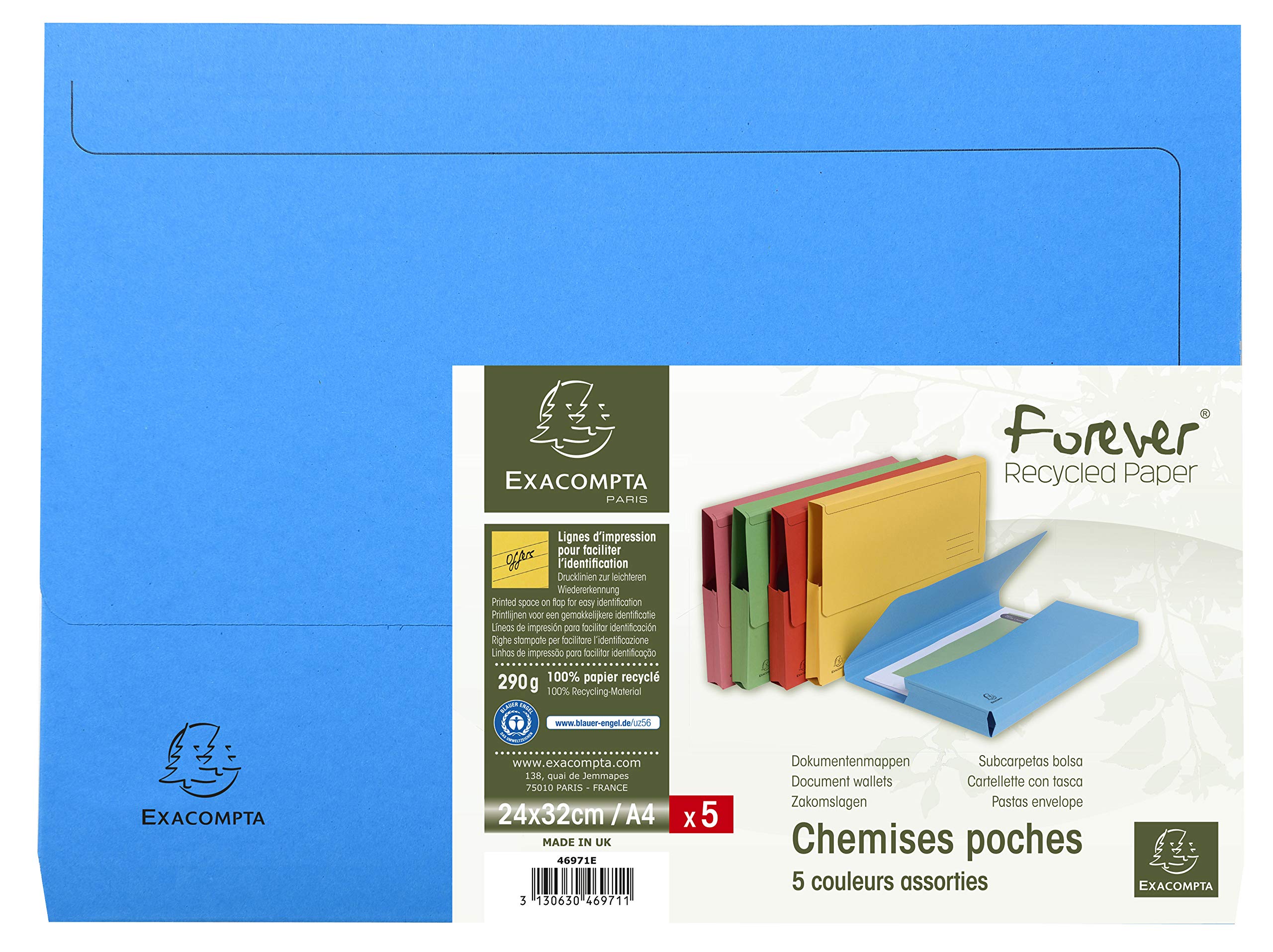 Exacompta Forever Document Wallets (Pack of 5) - A4 Size, 290gsm Premium Pressboard, Assorted Colours