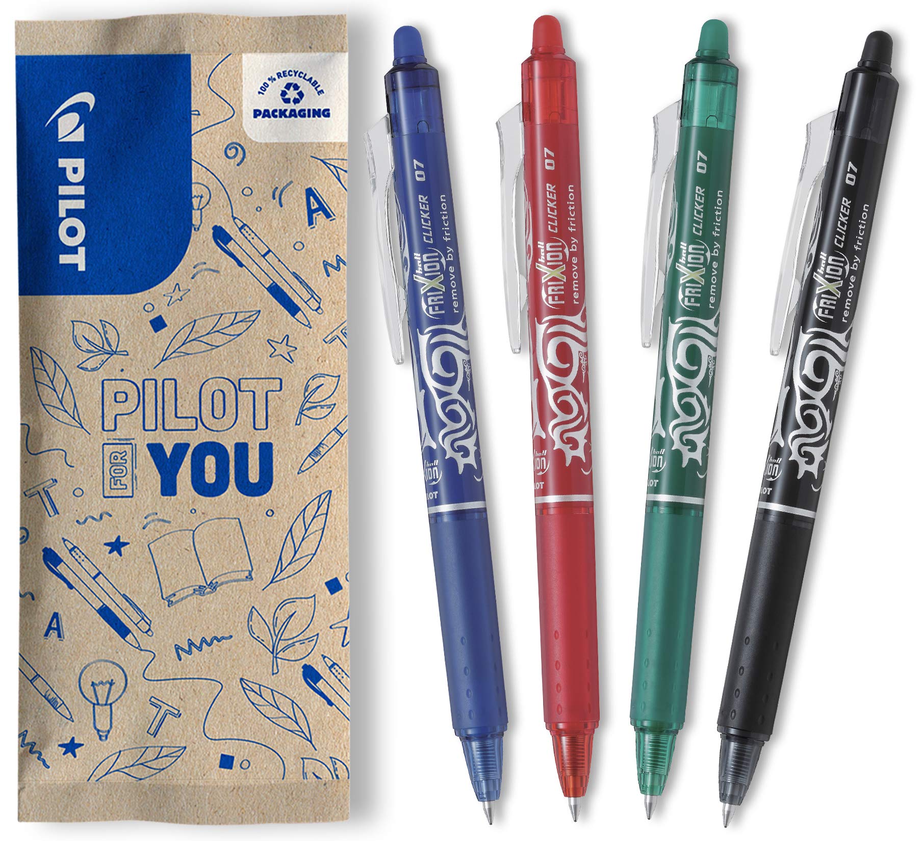 PILOT FriXion Clicker Erasable Rollerball Pen Set - 4 Pack Medium Tip (Black, Blue, Red, Green)