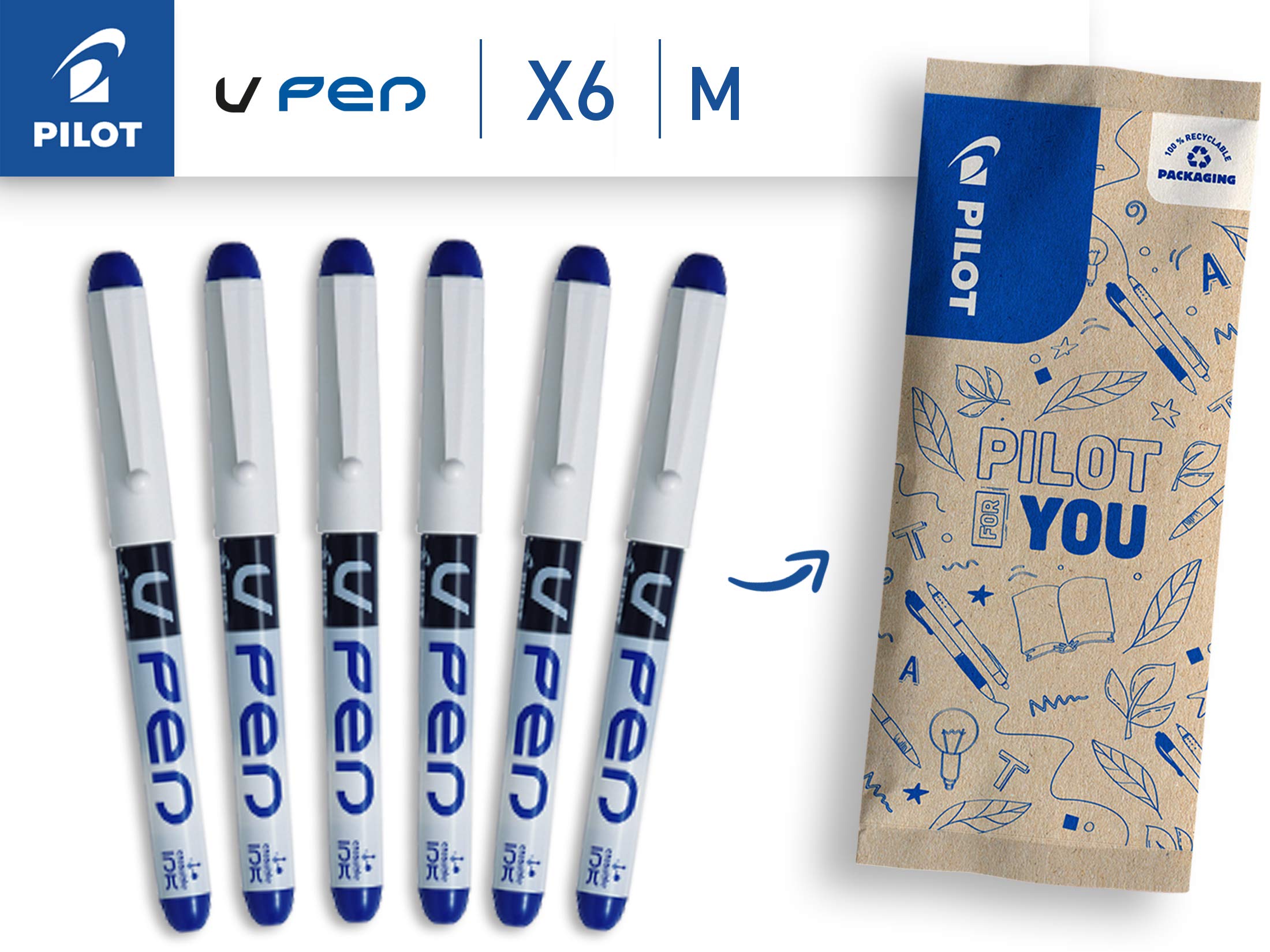 PILOT Vpen Disposable Fountain Pen - Blue Ink, 0.58mm Medium Line, Leak Proof | 6 Count