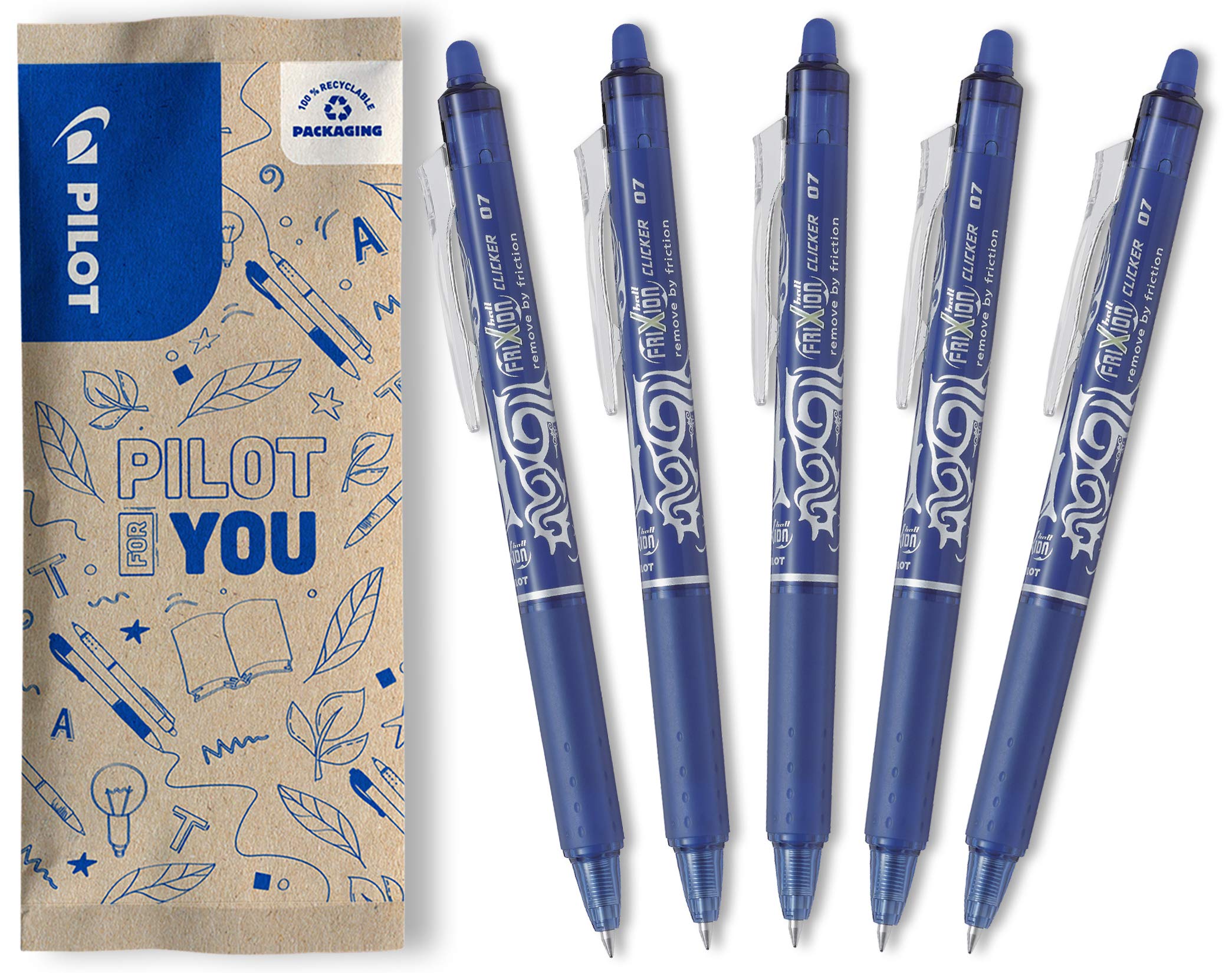 PILOT FriXion Clicker Erasable Rollerball Pen - 0.7mm Medium Point, Blue Ink | Pack of 5